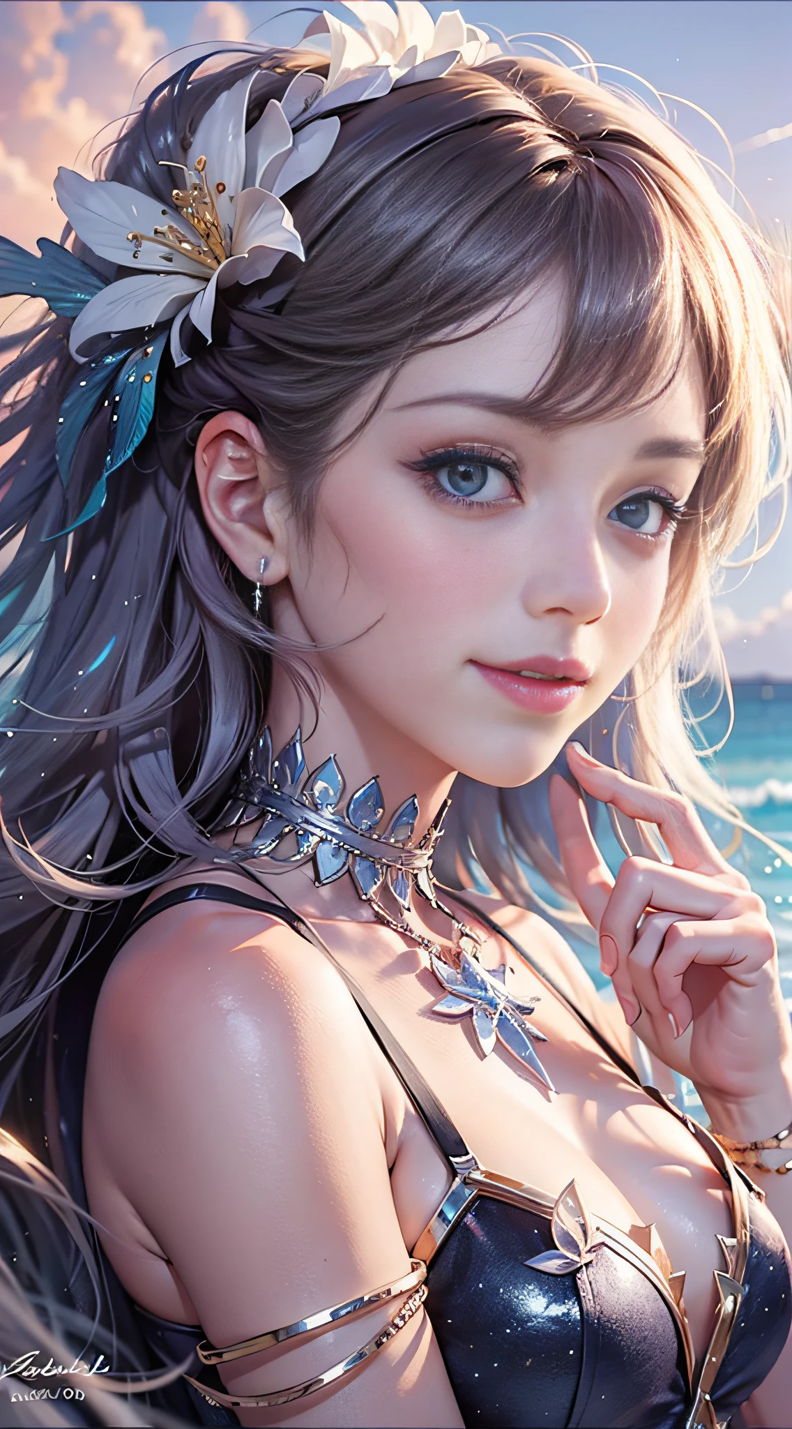 Best quality, 8K, upper body, don't miss fingers, 1 girl, mermaid, smile, solo, seaside, pink-purple tones, sparkling, white skin,