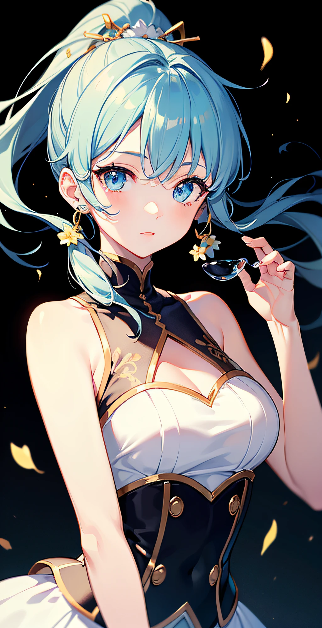 (masterpiece), (best quality), (ultra detailed),(disheveled hair),(illustration), (1girl), (Fashionable clothing), standing, Fashion model, looking at viewer, (interview), (simple background),beautiful detailed eyes, delicate beautiful face, Floating,(high saturation),(colorful splashes),colorful bubble,(shining), focus on face, ponytail, kamisato ayaka, light blue hair, bangs, hair ring, floating flowers, floating hairs, (shining), best lighting, best shadow,