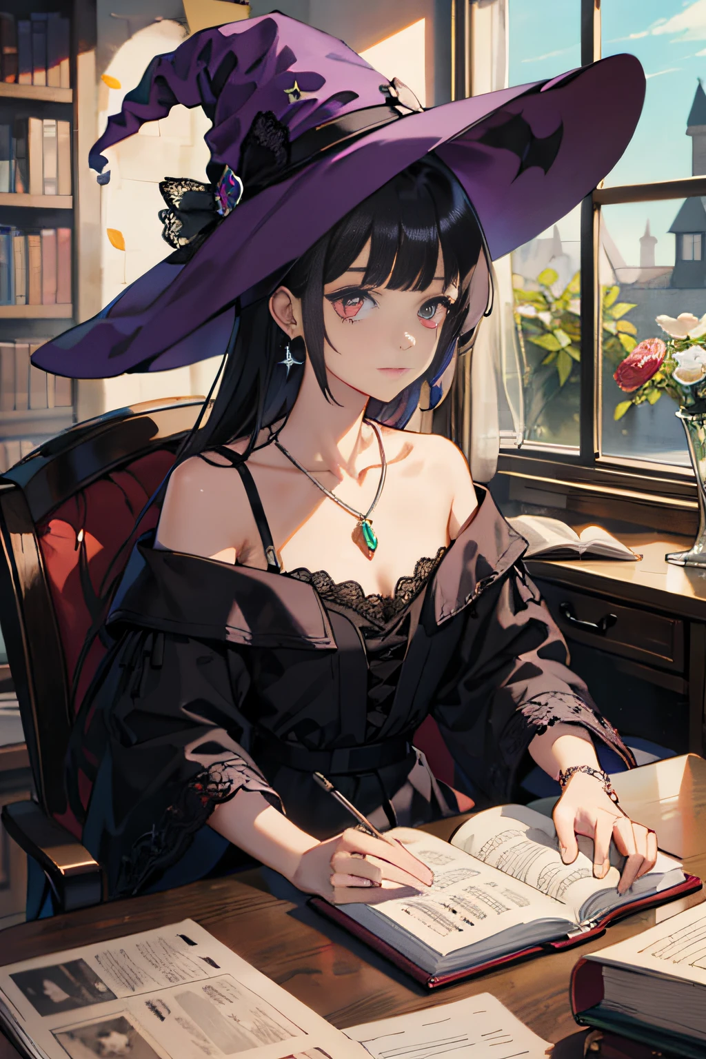 Masterpiece, best quality, 1 cute maiden, wearing a hat, cute witch hat, red eyes purple pupils, black hair, blunt bangs, princess cut, solo, witch hat, sitting, neck wearing jewelry necklace, interior, desk, earrings, off-the-shoulder, lace straps white shirt, black skirt, window, bookshelf, black hair, necklace, open book, book, witch, candle, reading, paper