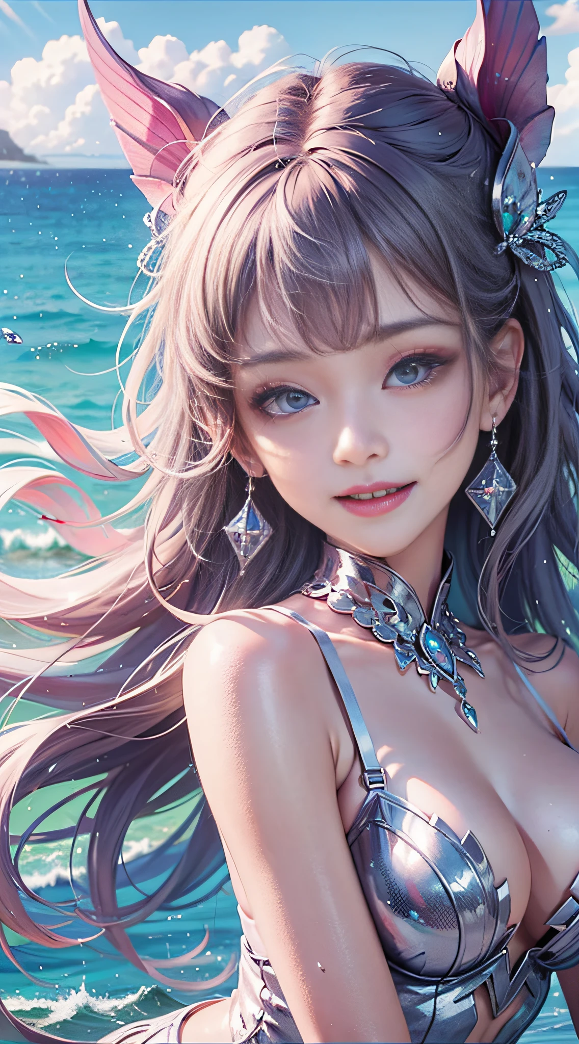 Best quality, 8K, upper body, don't miss fingers, 1 girl, mermaid, smile, solo, seaside, pink-purple tones, sparkling, white skin,