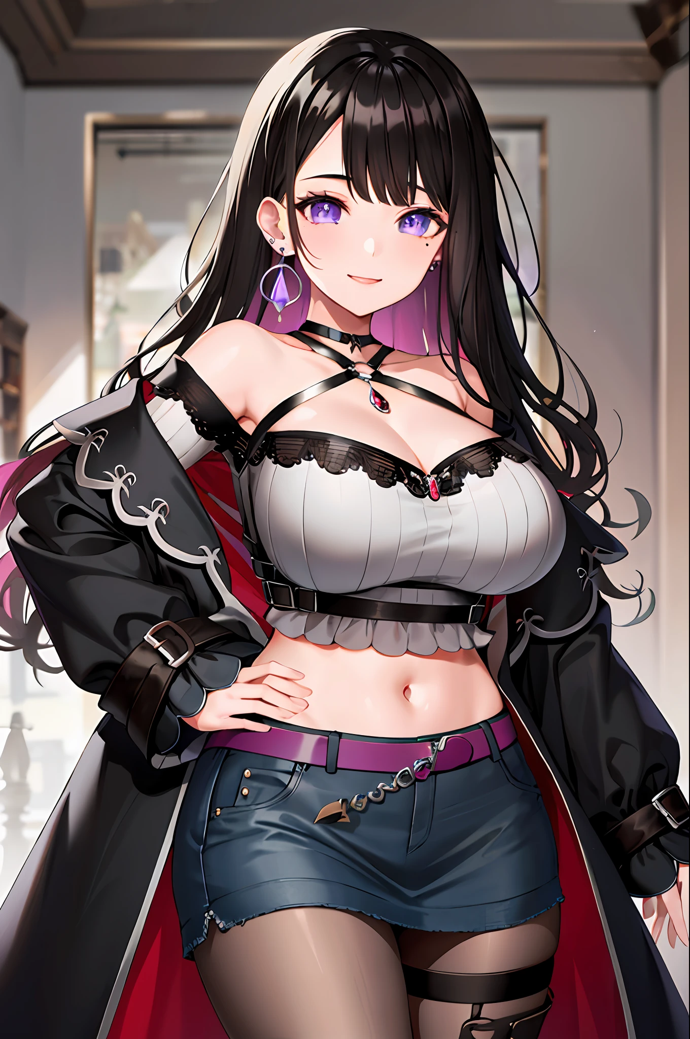 Masterpiece, best quality, high resolution, hmkm1, mole under eyes, earrings, jewelry, off-the-shoulder, belly, black skirt, halter neck, crop top , black coat, belt, pantyhose, stand, denim shooting, smile, big breasts