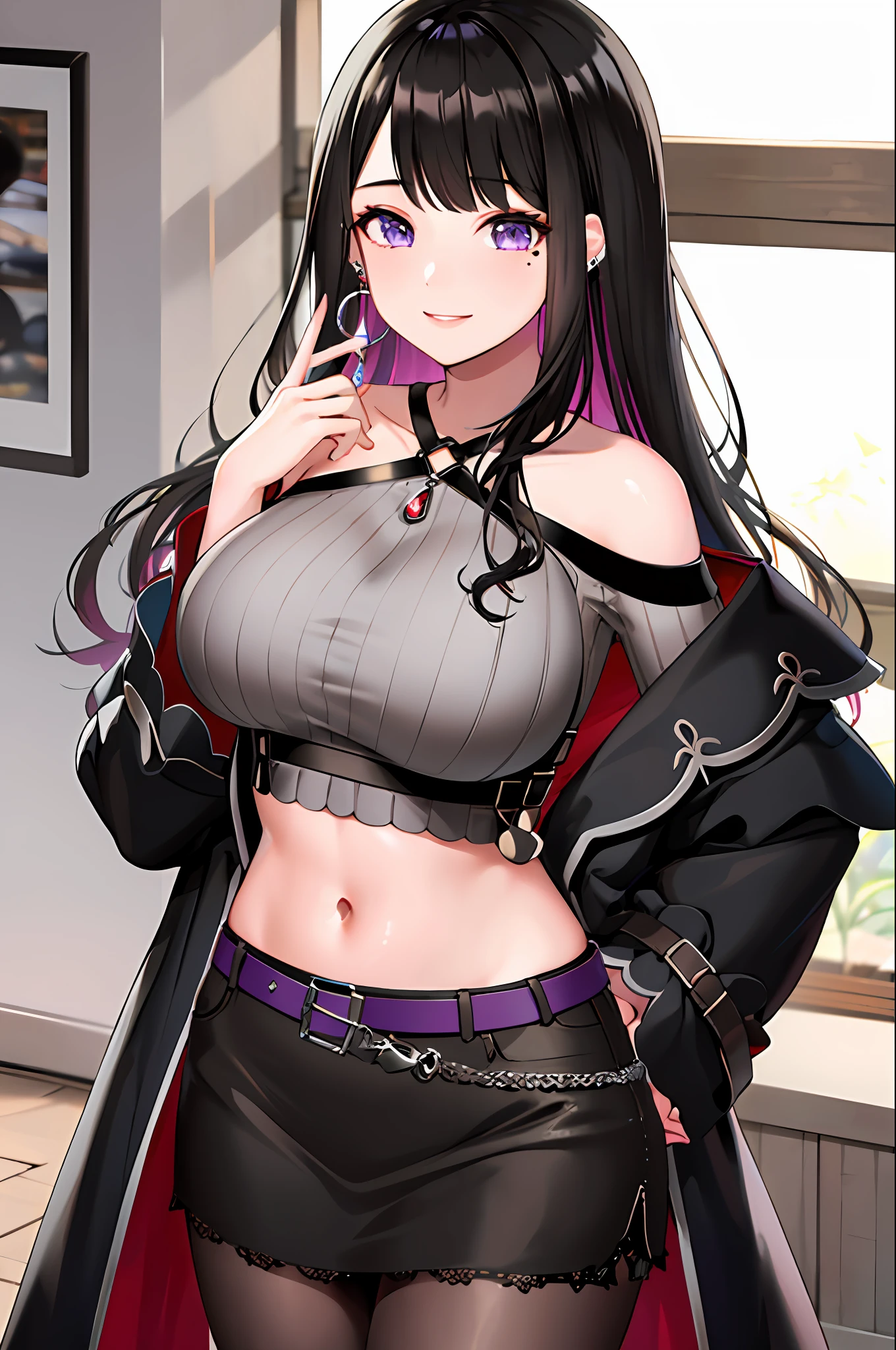 Masterpiece, best quality, high resolution, hmkm1, mole under eyes, earrings, jewelry, off-the-shoulder, belly, black skirt, halter neck, crop top , black coat, belt, pantyhose, stand, denim shooting, smile, big breasts