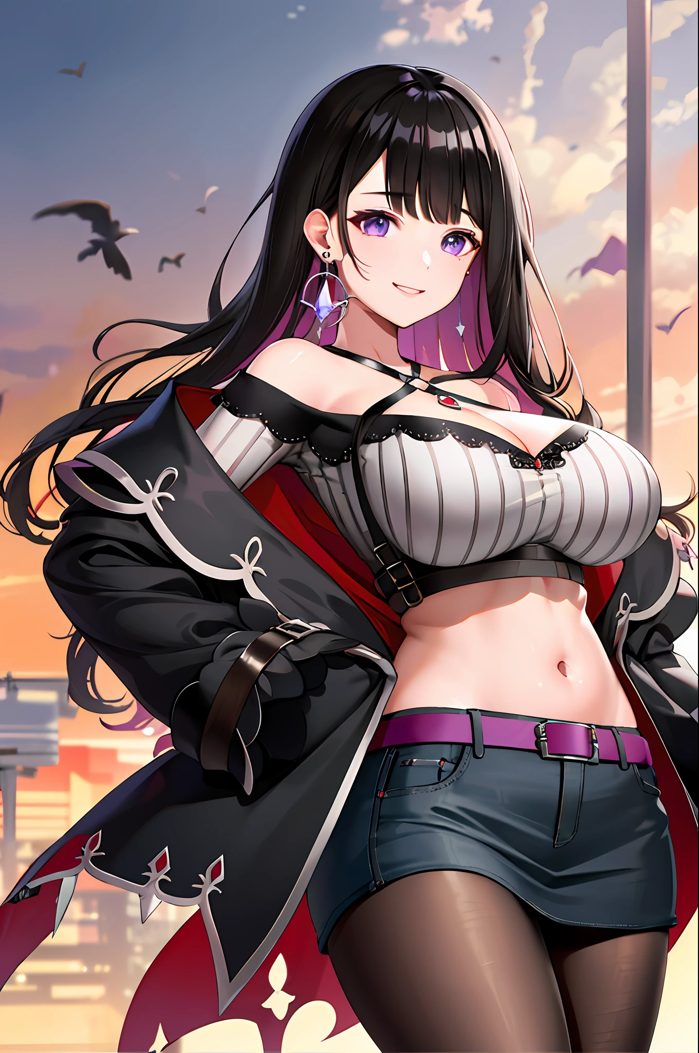 Masterpiece, best quality, high resolution, hmkm1, mole under eyes, earrings, jewelry, off-the-shoulder, belly, black skirt, halter neck, crop top , black coat, belt, pantyhose, stand, denim shooting, smile, big breasts