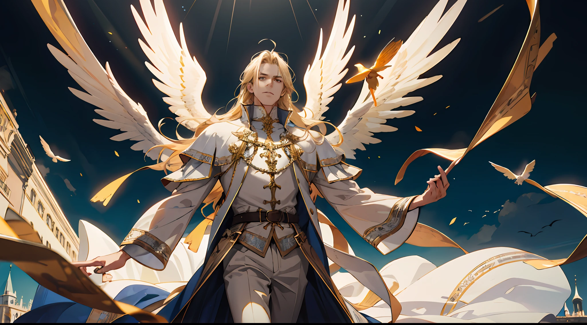 (Absurd, high resolution), (panorama), (1 male), middle-aged, long blonde hair, blue and white dress, golden decoration, (tall), serious, 3 pairs of huge wings, broad arms, angels, medieval town background, castle, powerful, majestic, intense luster, white-gold dress, exquisite clothes, golden streamers, golden magic around the whole body, ((flying in the air)), panorama, coercion