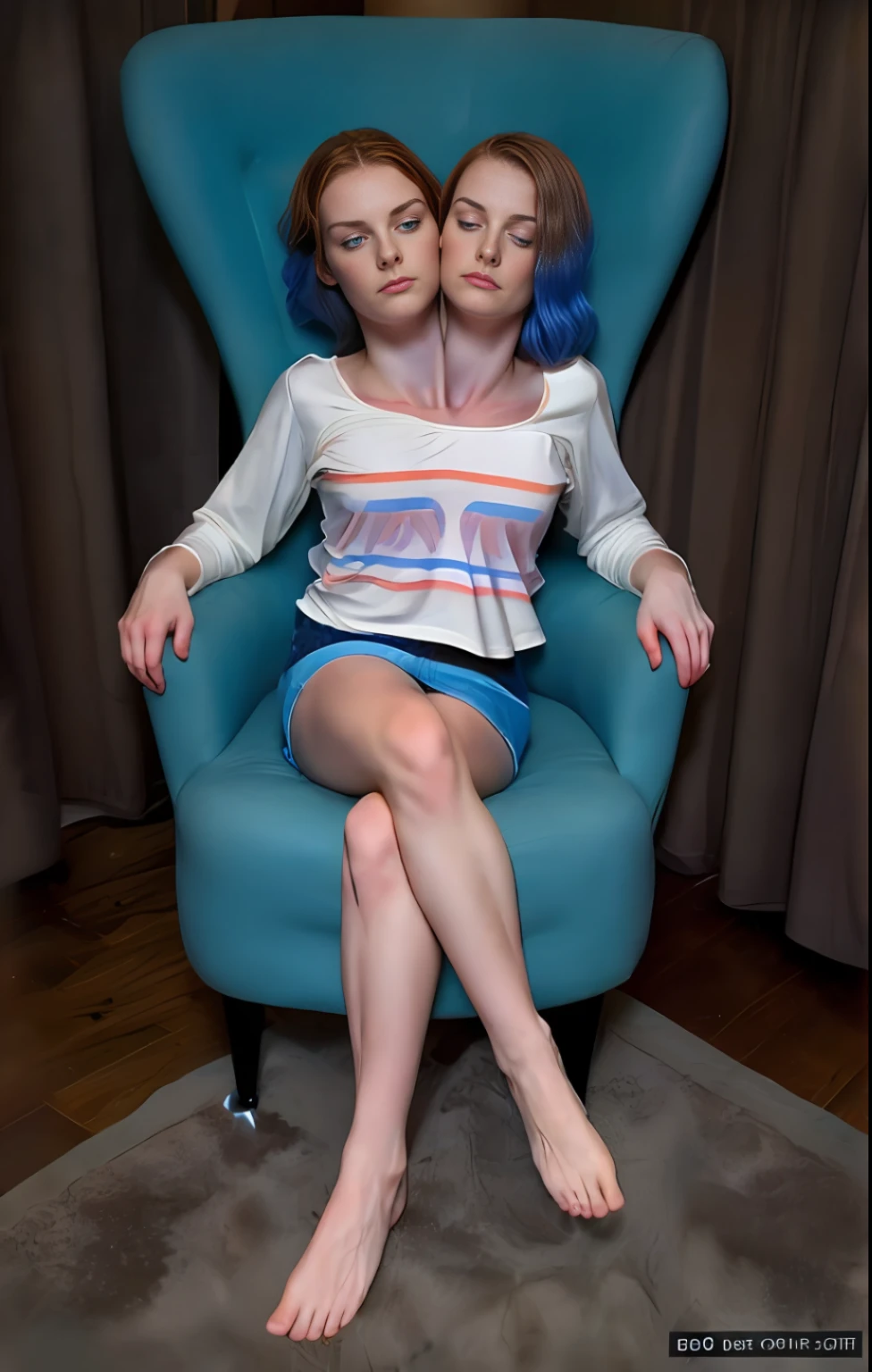 2heads, two headed girl, (one torso:1.5), pale skin, Scottish redhead, ager, white girls, different ages, (two heads on one body:1.4), (first head uncomfortable:1.5), (second head unhappy:1.5) conjoined twins, heads side by side, one torso, young, uncomfortable, barefoot