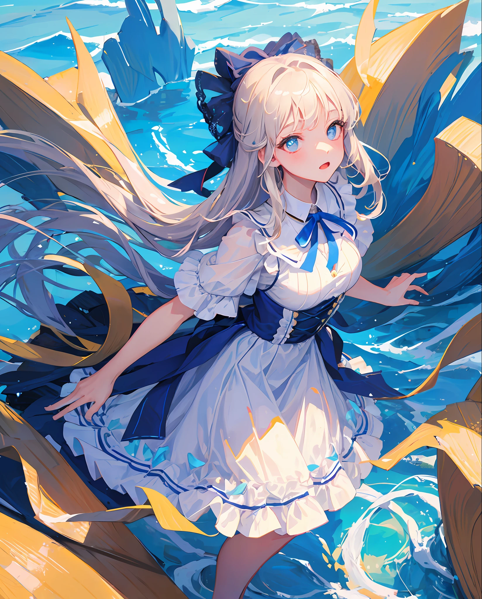 masterpiece, best quality, one girl, long hair, light blue dress, blue ribbon,detailed background