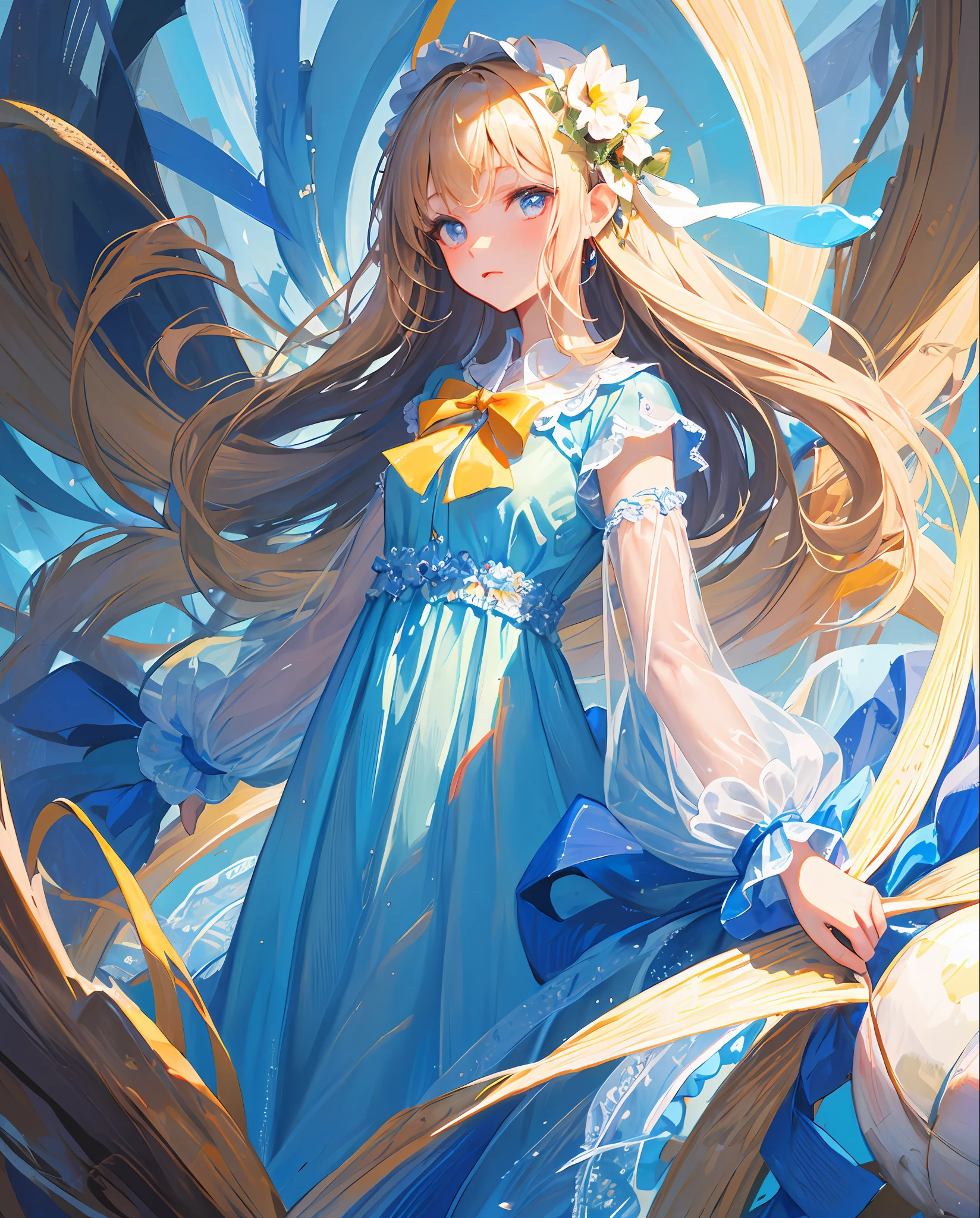 masterpiece, best quality, one girl, long hair, light blue dress, blue ribbon,detailed background