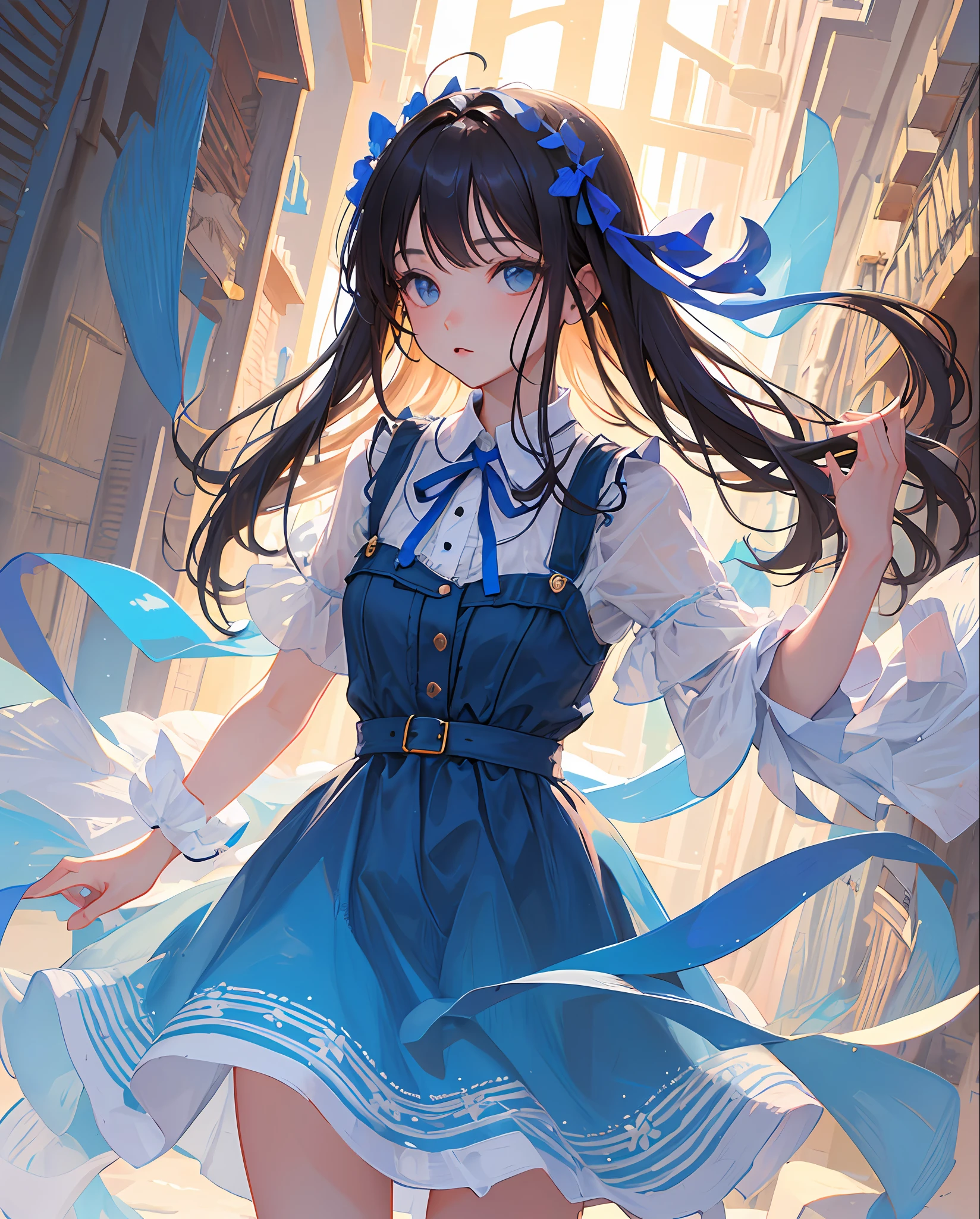 masterpiece, best quality, one girl, long hair, light blue dress, blue ribbon,detailed background
