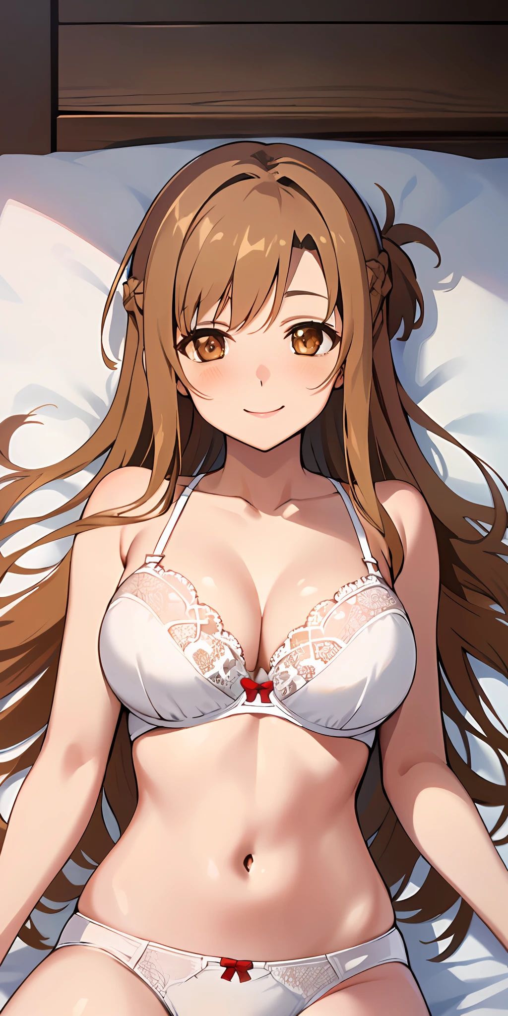 (Best quality:1.3), asuna yuuki, long hair, brown hair, (brown eyes:2), large breasts, white bra,panties, lying on bed, smiling, (blushing:1.3, pov)