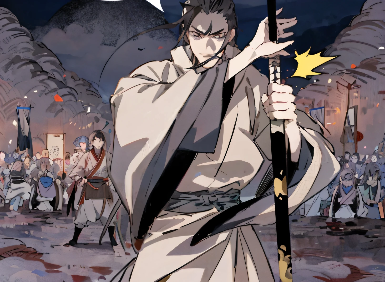 anime character with sword in front of a crowd of people, full body wuxia, shikanosuke yagaki, samurai man vagabond, fox nobushi holding a naginata, handsome guy in demon slayer art, inspired by Kanō Hōgai, akiyuki shinbou, ninja scroll anime style