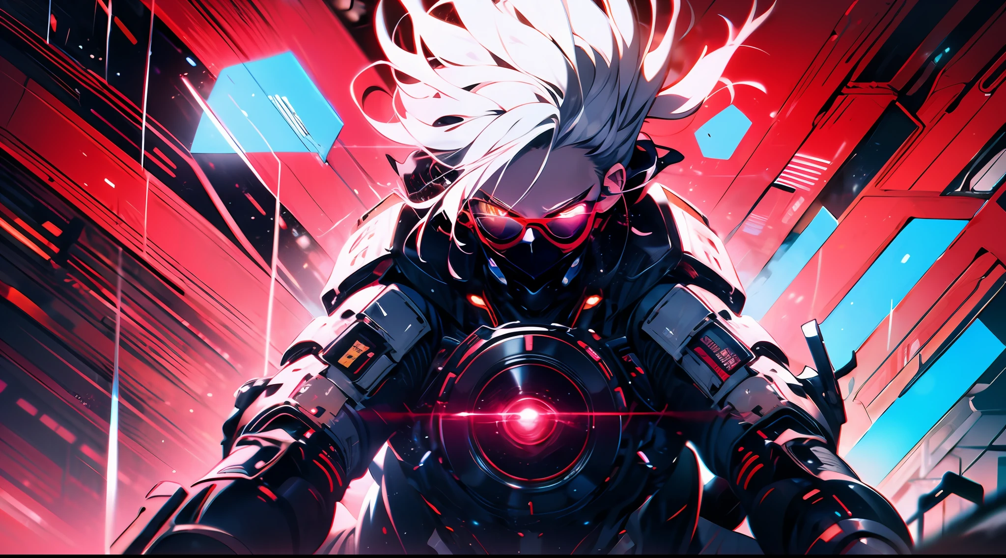 A mech girl, long silver-white hair and ponytail to waist, red light on the eyes, wearing a black sexy mech suit, red torn cloak swaying in the wind, a wide sword with red light effect dyed yellow glow, night, rain, sitting in a fighter car, lifelike, best image quality, highest definition and clarity, original, surrealism, high detail, futurism, action painting, chiaroscuro, ray tracing, motion blur, cowboy lens,,combat action drawing, layering,holographic display, Cyberpunk style