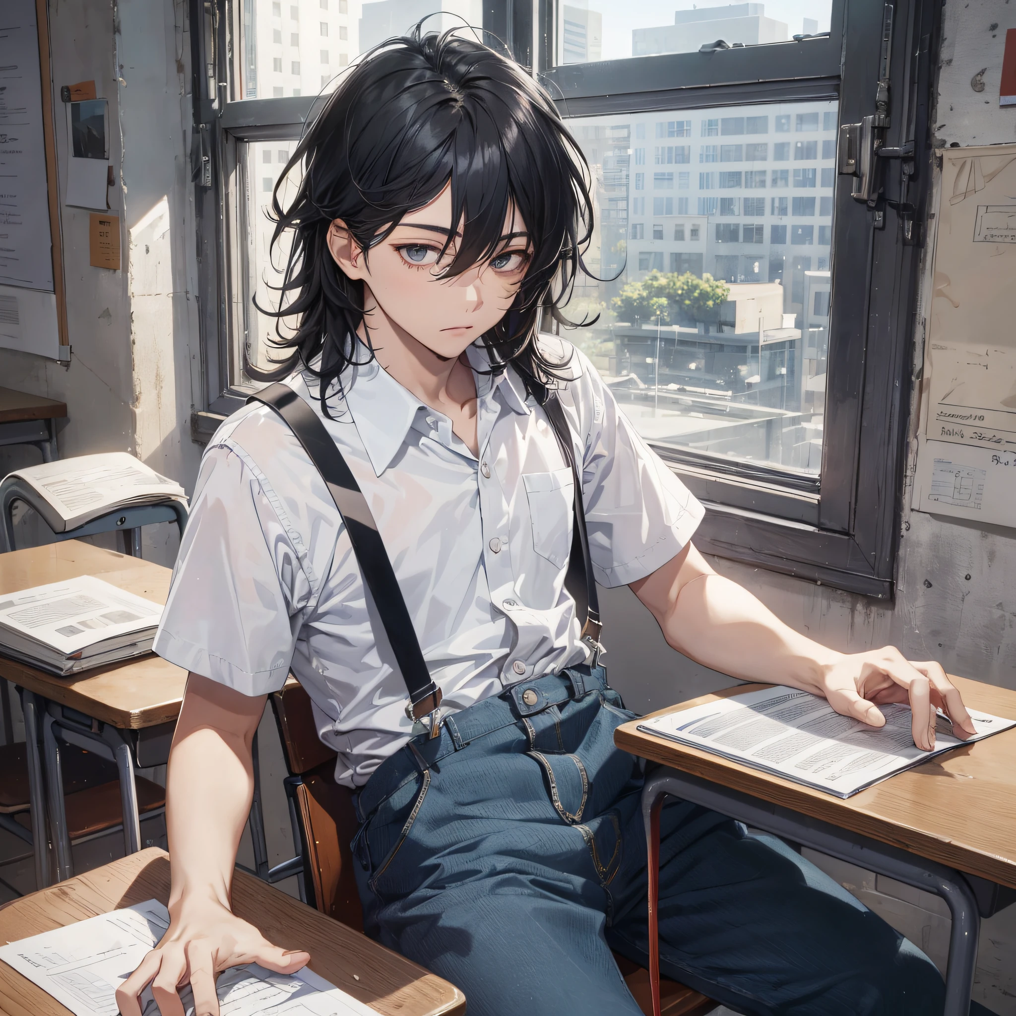 Ridiculous resolution, high resolution, (masterpiece: 1.4), hyper-detailed, classroom, young man messy black hair, white suspenders, sitting, sleeping