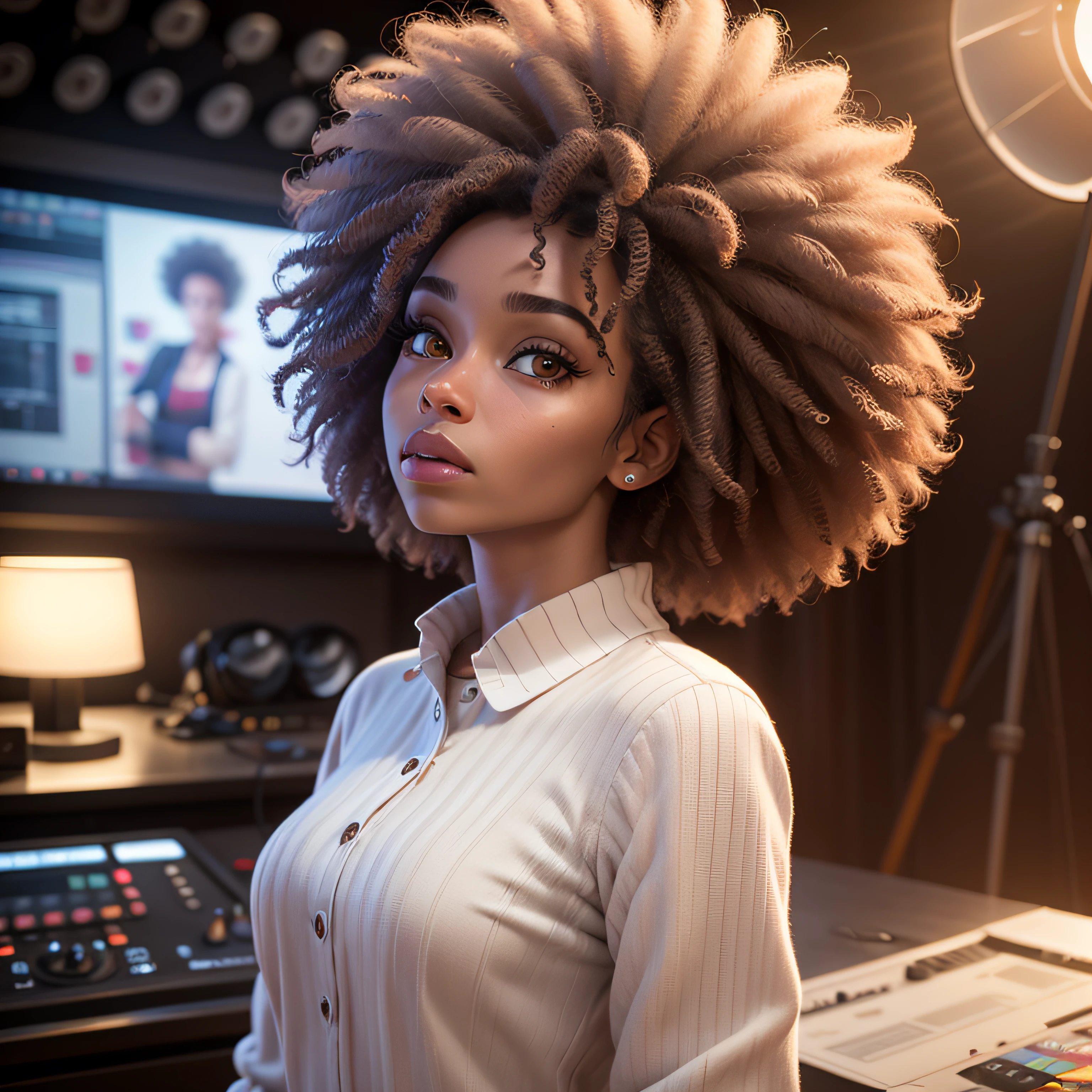 Cartoon, pixar, [[[full body]]] Lady of approximately 65 years [[gray hair]]], Afro descendant, [[[dark brunette]]], masterpiece, best quality, 3d rending work, 3DMM style, close-up, portrait, 3D, realistic, upper body, radio studio background, looking away, light brown eyes, white beard, fleshy lips, [[striped shirt]]]. --auto