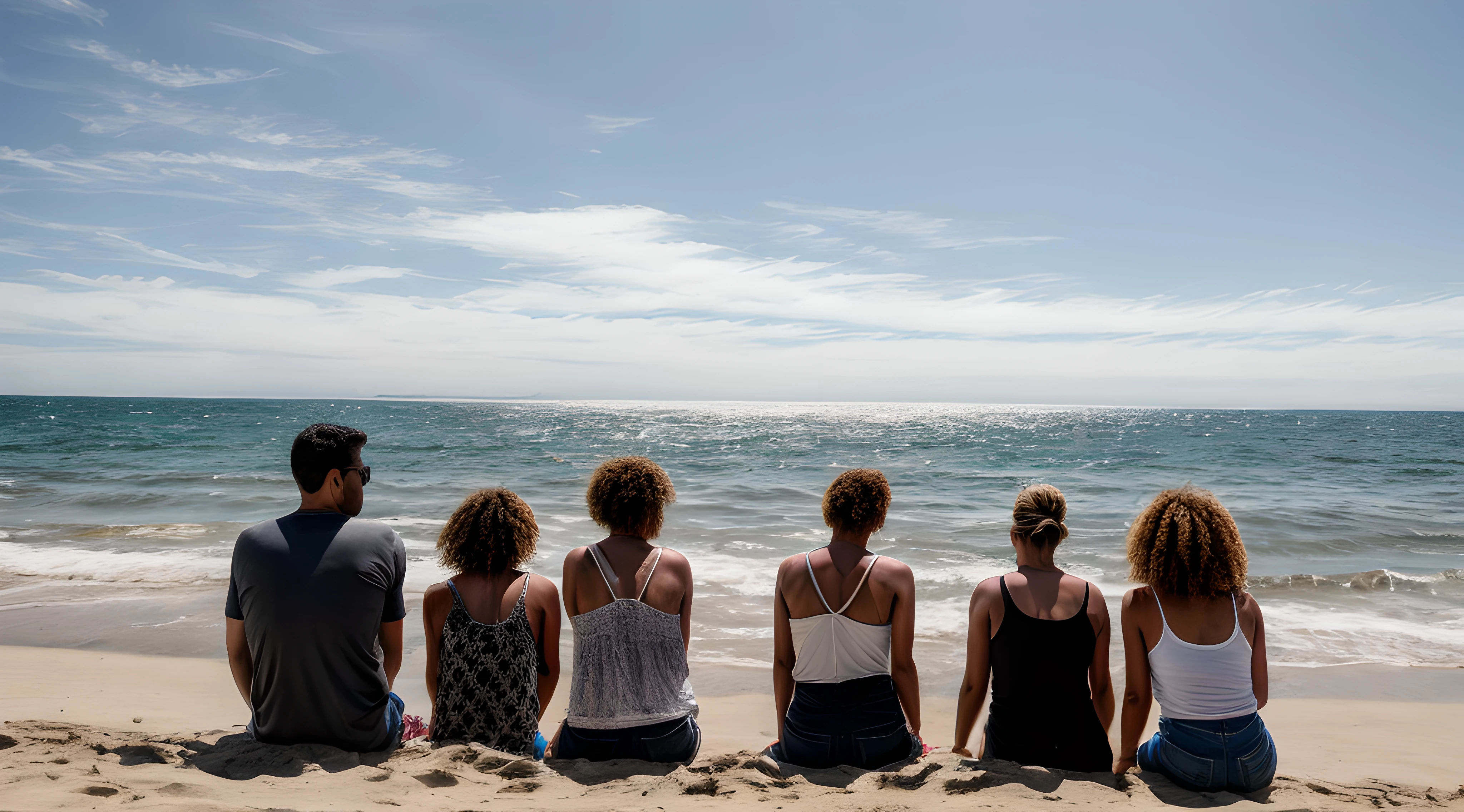 A group of people on the beach from the back rear view modern environment, these people are sitting on the sand with their backs looking at the sea waves, best hd finish, no one in the water, bright sunlight, people's perfect skin, intricate details , there are two men and two women