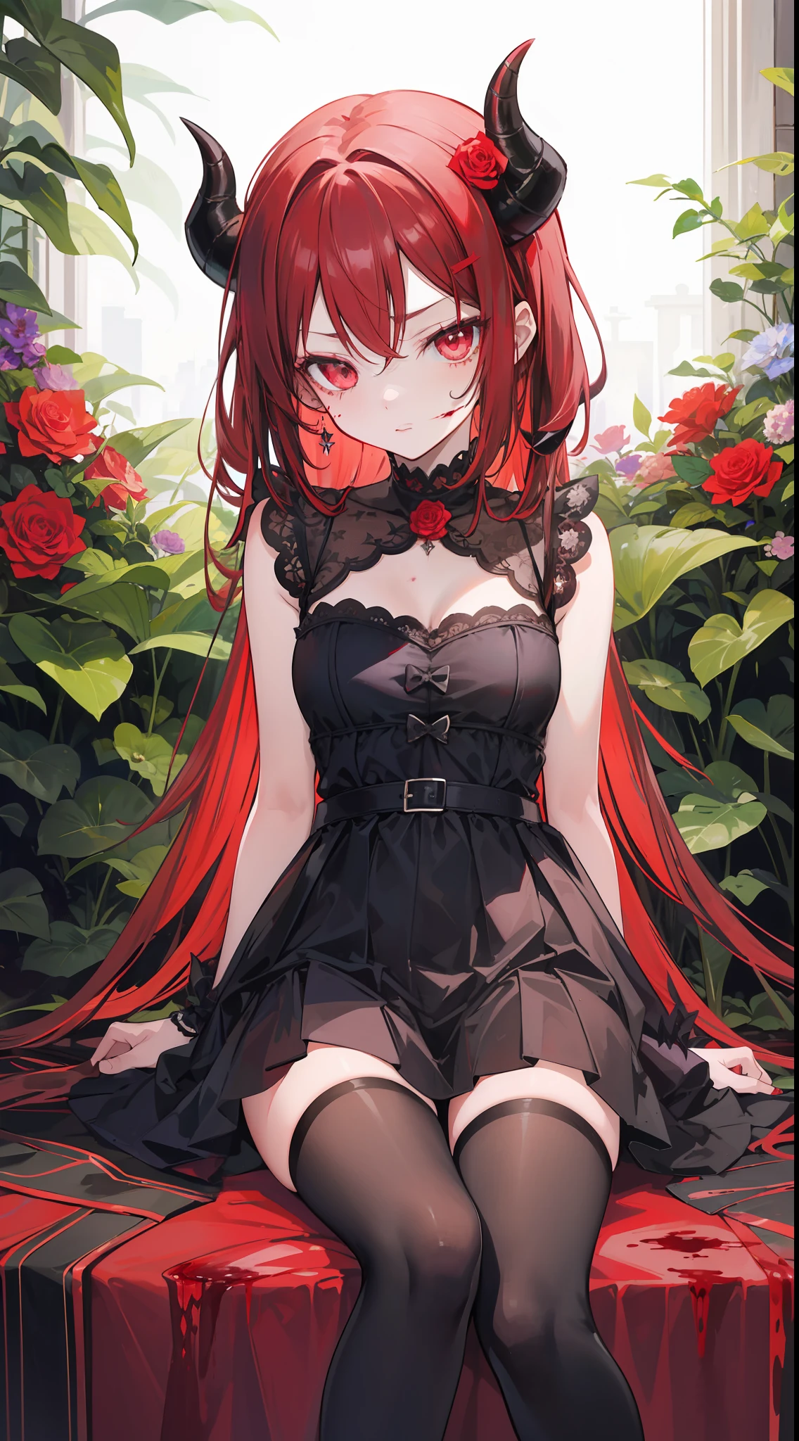 Inside the flower garden, there is a loli little girl with dark red hair, she has horns, she is an envious demon, she is sin of envy, and have blood in her clothes, she sitting around flower of death, she is demon of envy