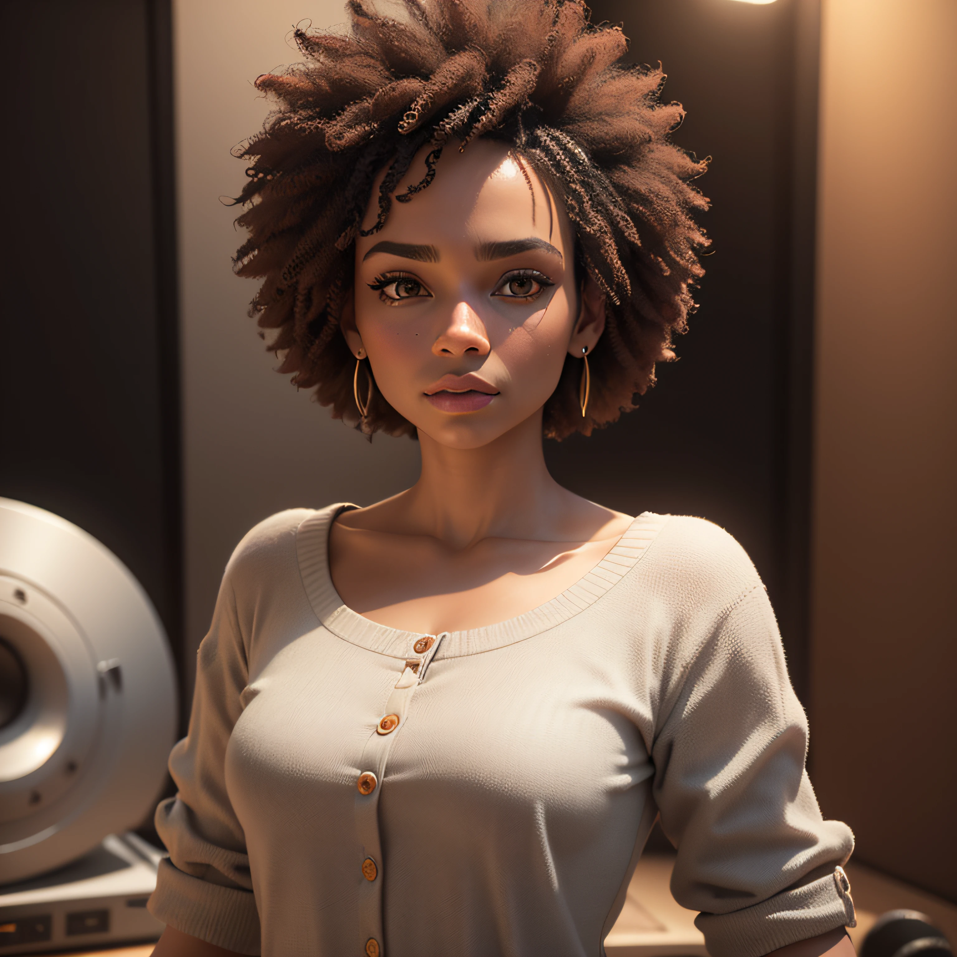 Cartoon, pixar, [[[full body]]] Lady of approximately 65 years [[gray hair]]], Afro descendant, [[[dark brunette]]], masterpiece, best quality, 3d rending work, 3DMM style, close-up, portrait, 3D, realistic, upper body, radio studio background, looking away, light brown eyes, white beard, fleshy lips, [[striped shirt]]]. --auto
