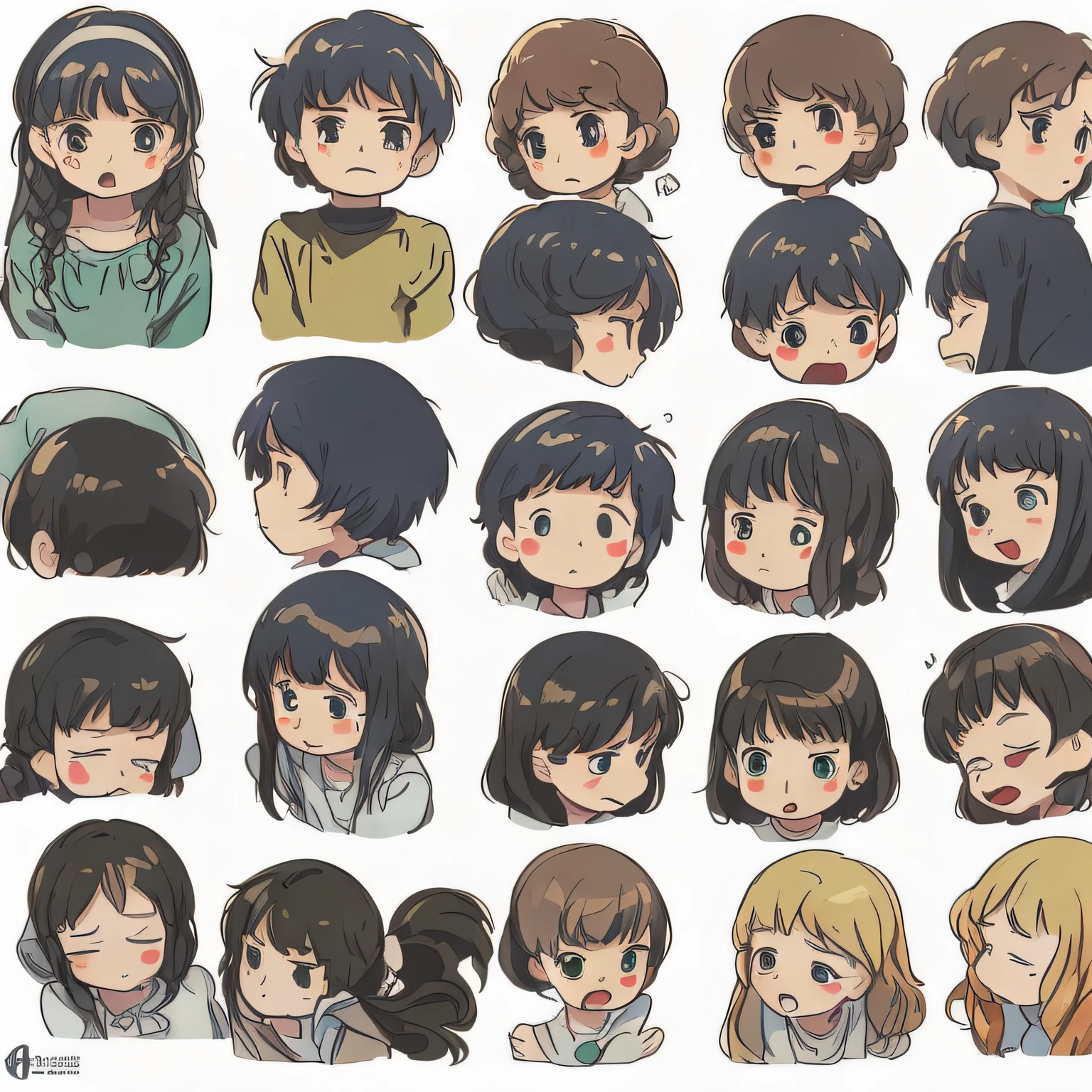 White background, character sheet, cute illustration, logo design, intricate details, Ghibli style, several men and women with clear expressions, from various angles, anger, joy, sadness, surprise, fun, affection, suffering masterpiece, high quality