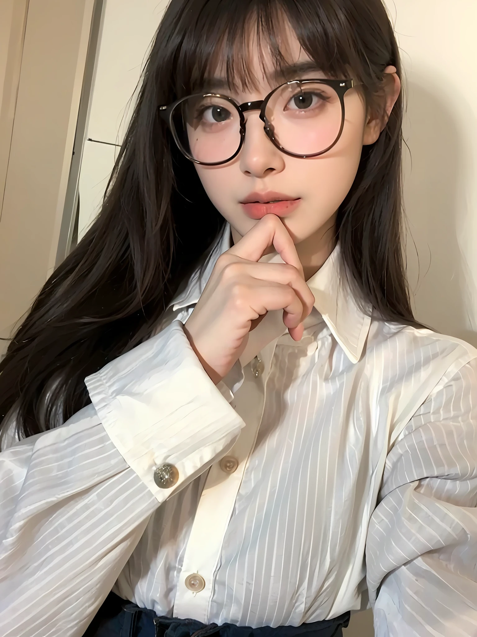 (Large breast:1.4),(shirt:1.4),(Best quality,masterpiece,ultra high res,(photorealistic:1.4),1girl,(16 years old:1.4),(partially unbuttoned:1.5),(glasses:1.4)