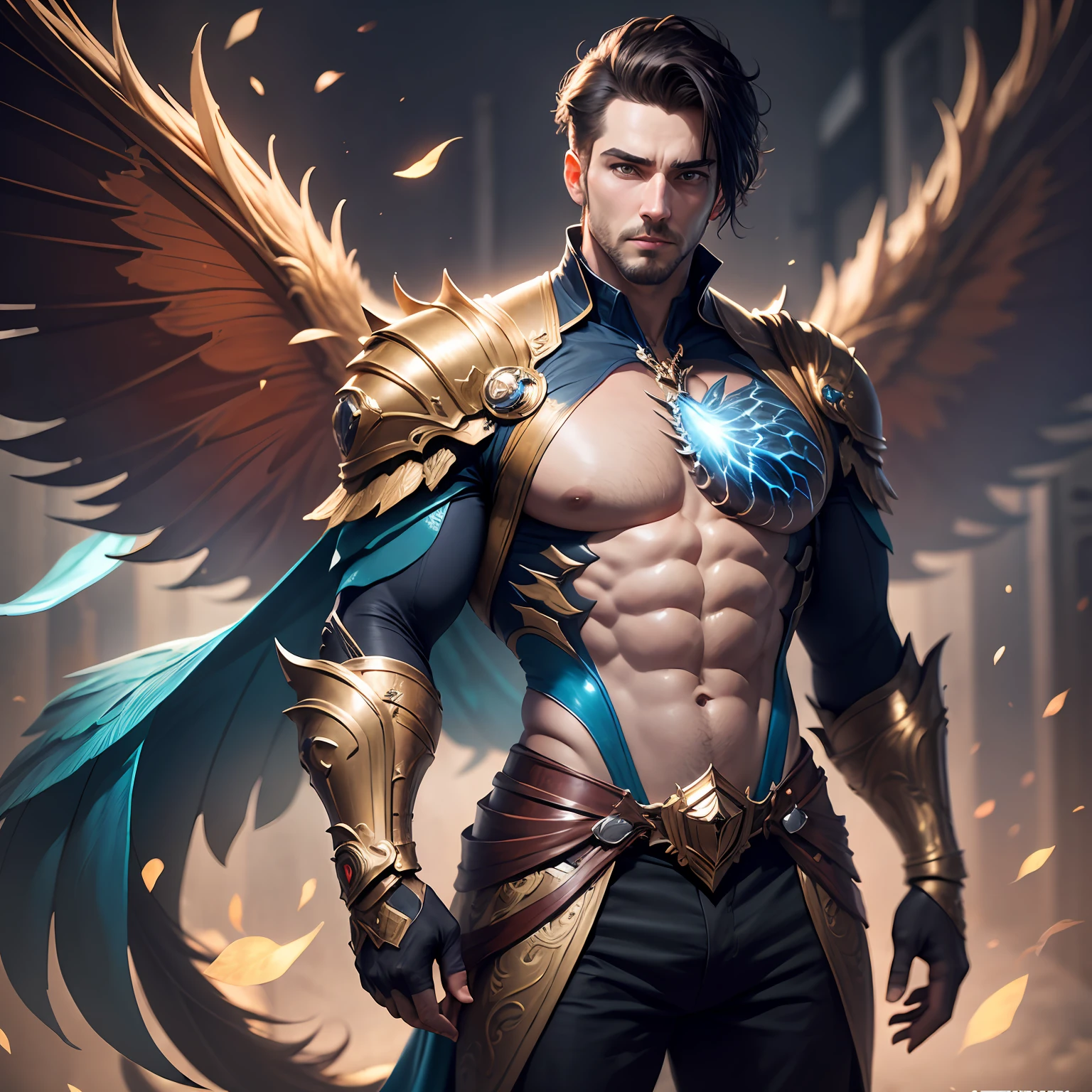 masterpiece, 8k, perfect ligthing, , adult man, chest out, large and thin wings, male man, full body shot, looking at the viewer, arm behind the back, cinematic lighting, fairy male man with blue and gold details --auto --s2