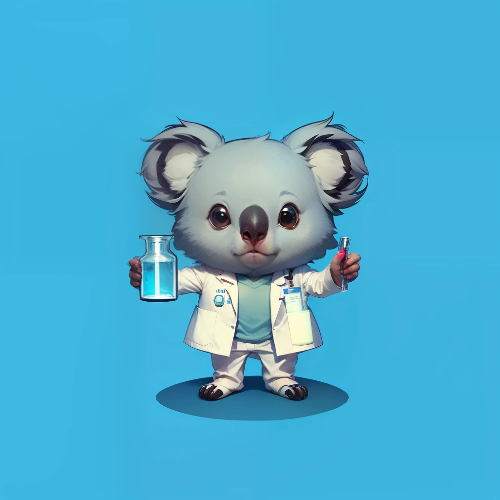 koala, handsome, cute hair and scientist outfit, detailed drawing, masterpiece, scientist outfit with white lab coat and test tube in hand