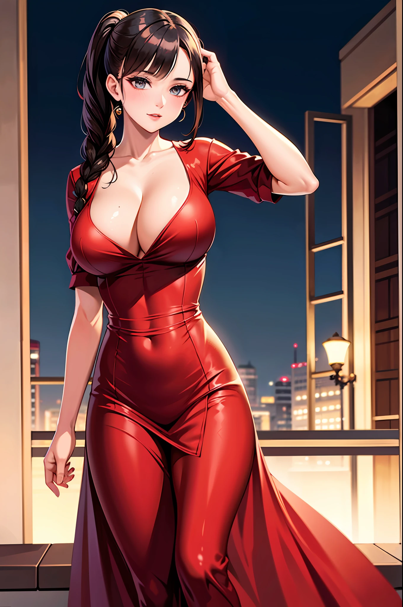 Woman posing for a photo, (wearing a deep V-neck dress: 1.2), (long ponytail hairstyle: 1.3), good feel, 4k, high resolution, masterpiece, best quality, head: 1.3, ((Hasselblad photography)), detailed skin, sharp focus, (cinematic lighting), night, soft light, dynamic angle, [:(detailed face: 1.2): 0.2], ((5 stars hotel background))), big breasts
