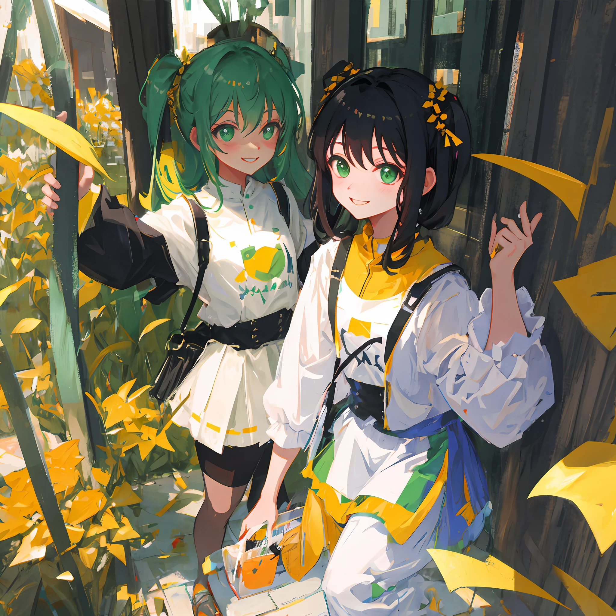 Sister Willow. Double two-dimensional black hair white and green outfit smile