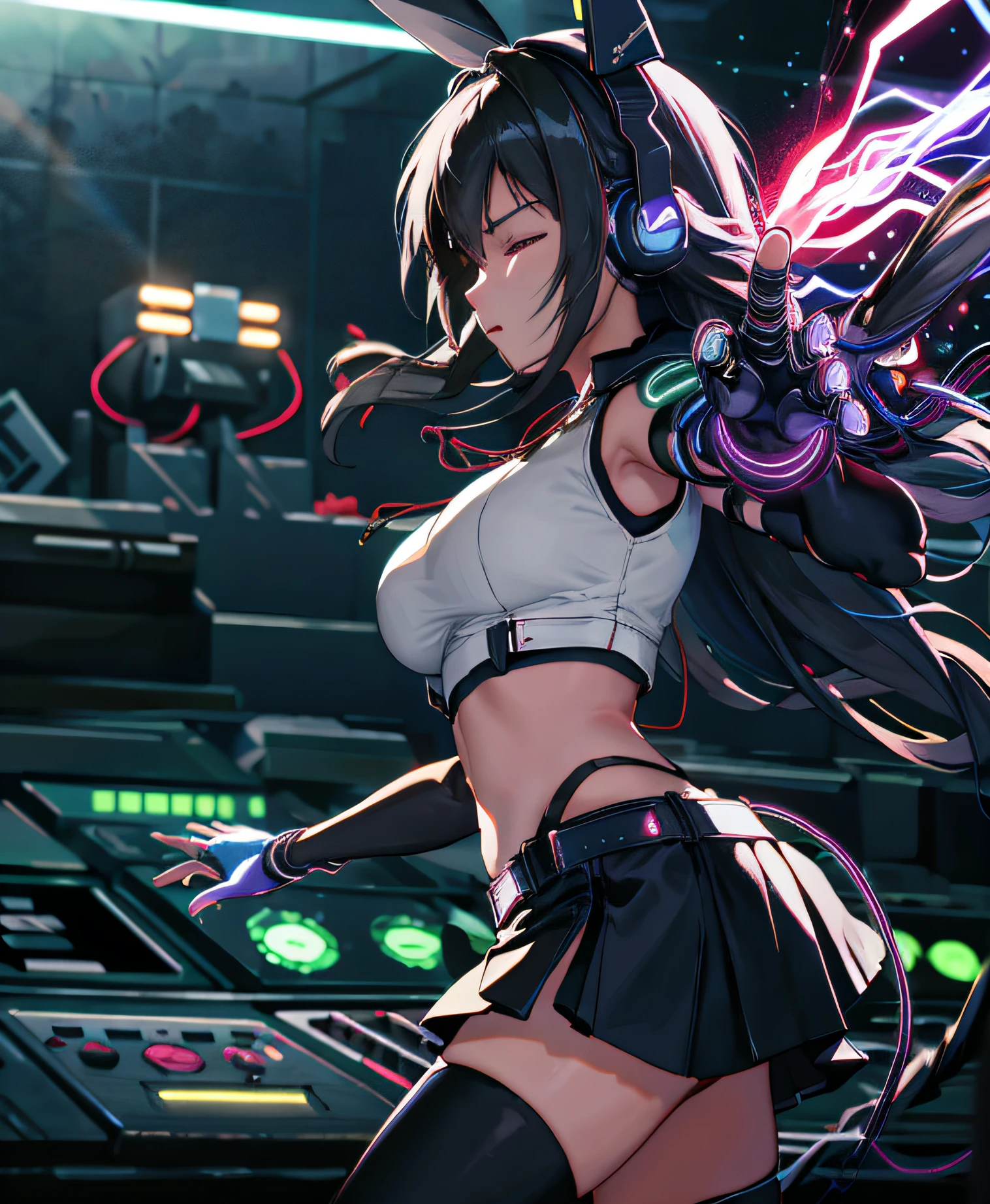 (masterpiece:1.3),(best quality:1.2),8k,absurdres, unity 8k wallpapper, highestres,realistic, (1girl:1.2),(headphones:1.1),(neon light:1.1),mechanical headwear,(mechanical wings:0.8),frown,(dynamic pose:1.1),(floating hair:1.2),(passionate:1.2),(DJ:0.9),( psychedelic:1.2),dynamic pose,(electric wire:1.1),(light beam:1.2),closed eyes,midriff,dim,(music:1.2),cable,god rays,(indoors:1.2),from side,(instrument:0.7),frenzied, passionate,energetic,intense,electrifying,exhilarating,dynamic,thrilling,explosive,rousing,(crowd:1.2),light rays,,neonlight,electric fan, (electricity:1.2), (electronic music:1.1),(sound mixing:1.3), 帽子と凧を持つ人のクローズアップ, 初音ミクの肖像画、ミクダヨ、ミク、ハッピー!!, デジタルアニメアート!,