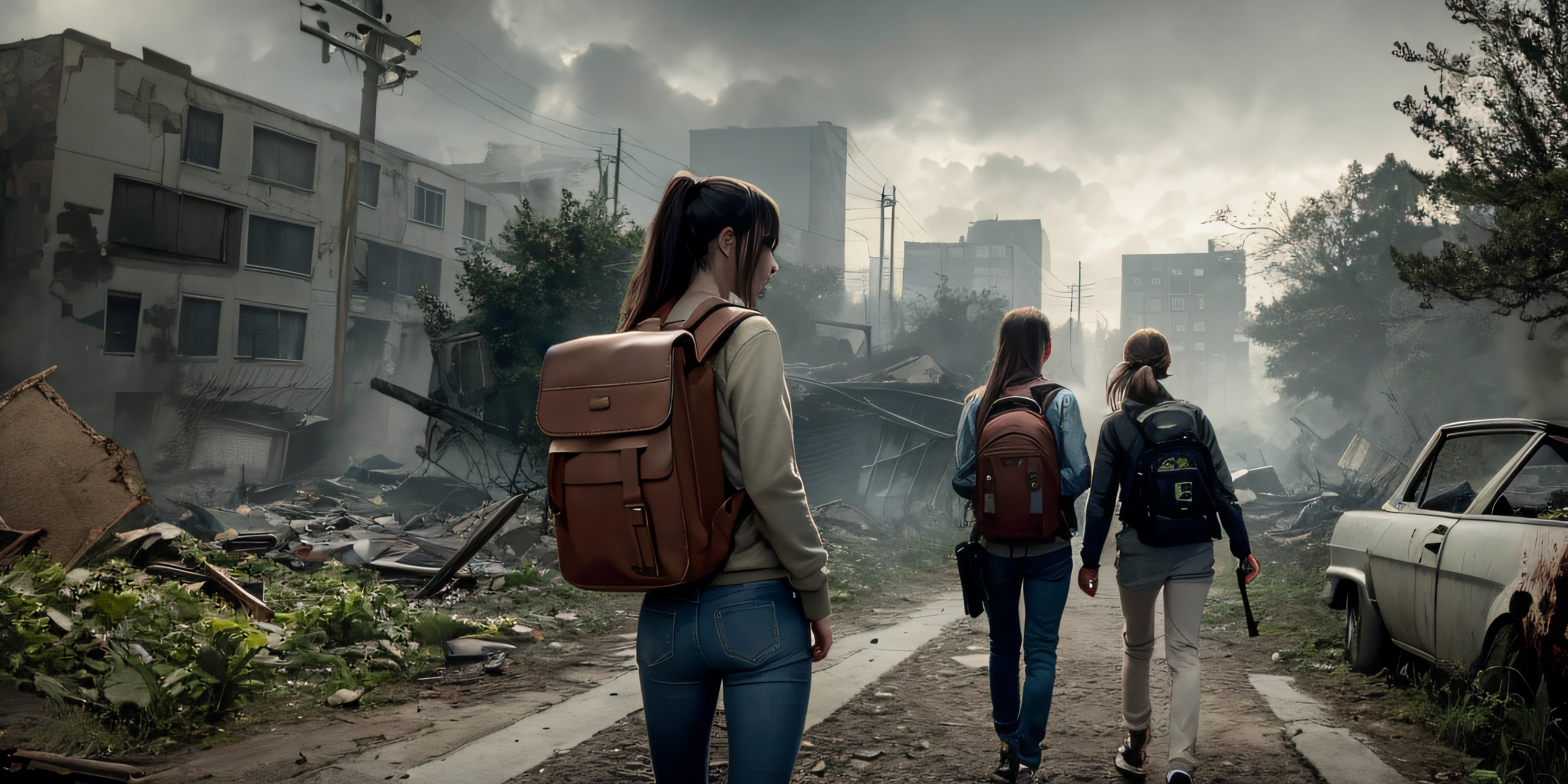 Apocalypse, survival, Woman with brown backpack, jeans, long hair tied, brown sweatshirt, zombies, destroyed city with vegetation, with gas mask, 8k Wallpaper, 8k