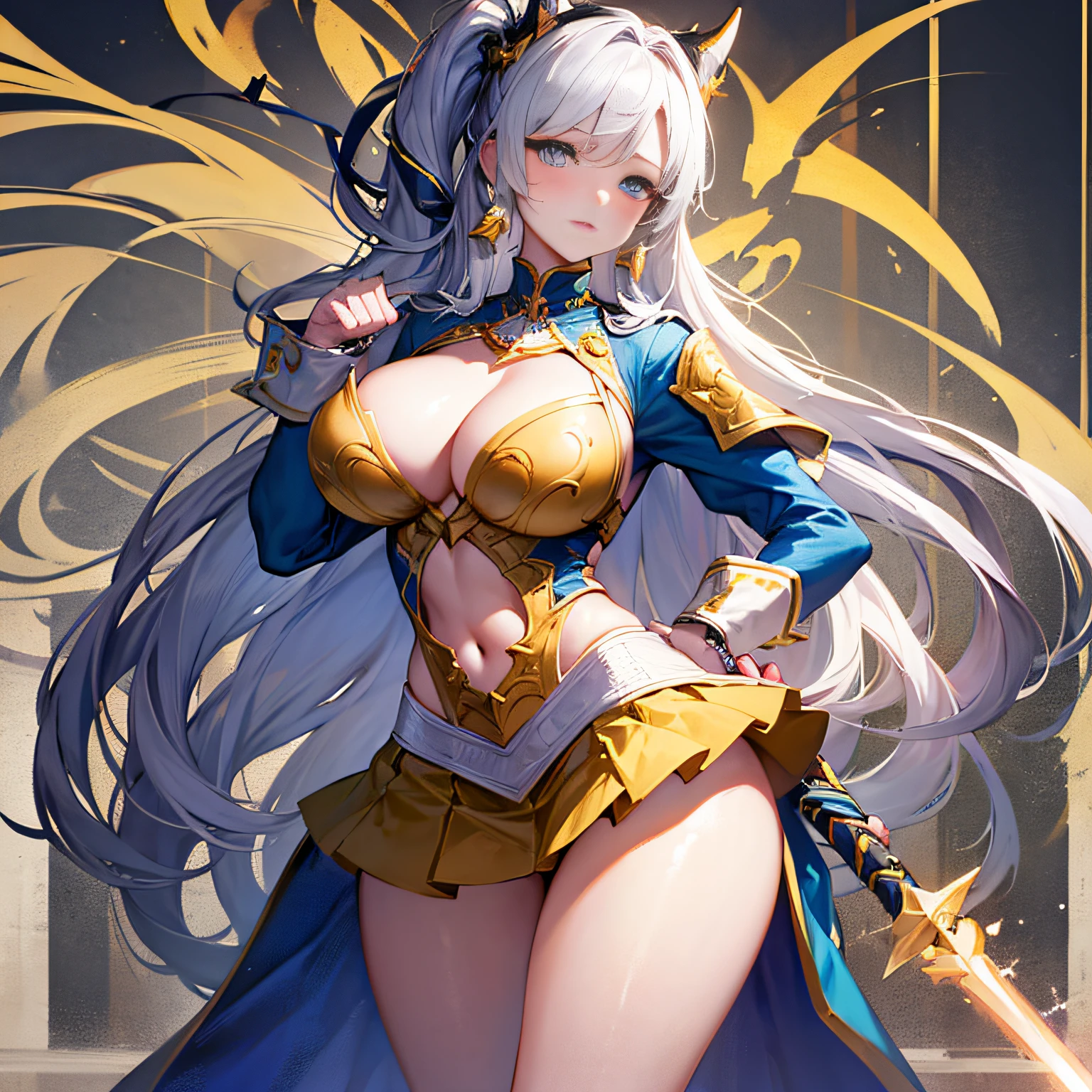 Peerless beauty, perfect slim body, mature royal sister face, long hair, curly hair, college combat uniform, sexy seductive, beautiful face, full body portrait, standing pose, 4K picture quality, feminine expression, blush shyness, star-like deep eyes, huge breasts, short skirt, sword and magic. The bust is greatly large, fighting with Warcraft, speed lines, the best quality, masterpieces. Double ponytail