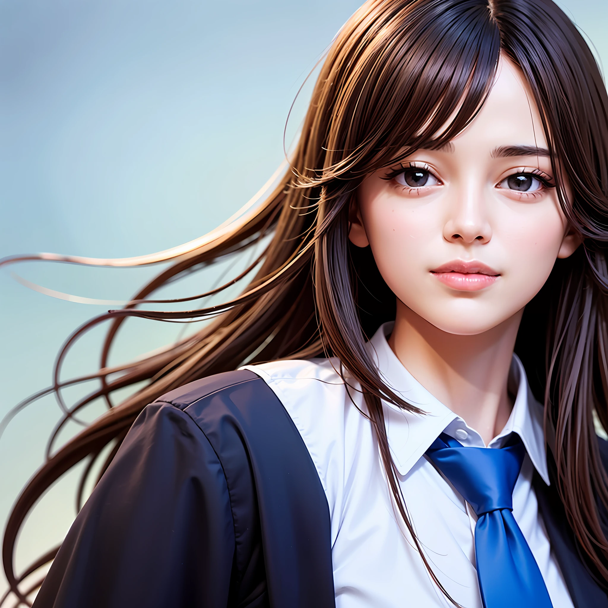 masterpiece, best quality, high quality, beauty, Japan, Japan schoolgirl, popular korean makeup, detail, swollen eyes, detailed eyes, detailed skin, beautiful skin, ultra high definition, (reality: 1.4),very beautiful, little young face, beautiful skin, slender, (ultra realistic), (illustration), (high resolution), (8K), (very detailed), (best illustration), (beautifully detailed eyes), (super detailed), ( wallpaper), (detailed face), looking at the viewer, fine details, detailed face, pureerosfaceace_v1, smiling, facing straight ahead, lilac schoolgirl uniform, ribbon-shaped pink tie, short hair, facing straight ahead, angle is from waist up, realistic photo, bright lighting, professional lighting, brown hair, background gymnasium, background color is light blue, Kambara Suruga,