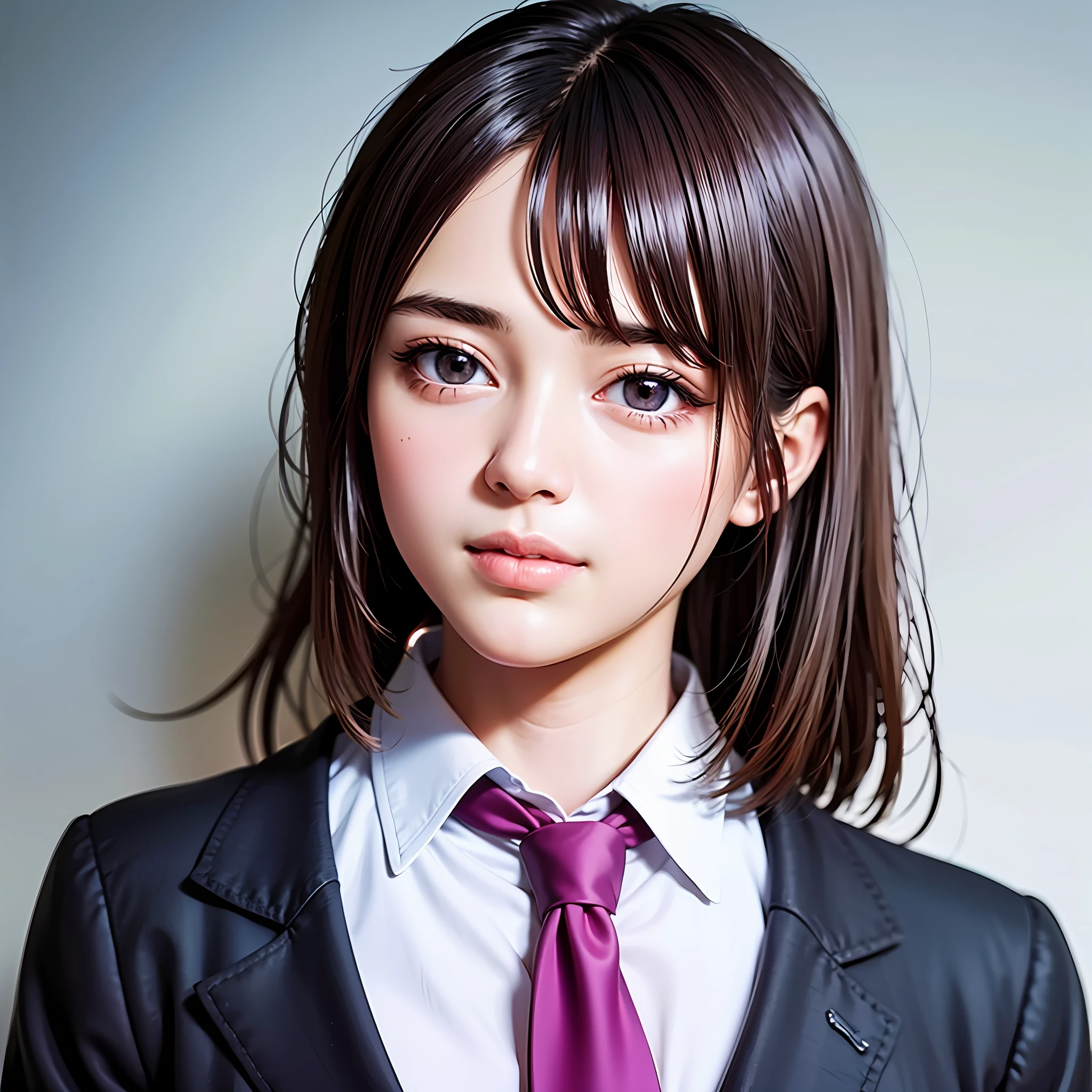masterpiece, best quality, high quality, beauty, Japan, Japan schoolgirl, popular korean makeup, detail, swollen eyes, detailed eyes, detailed skin, beautiful skin, ultra high definition, (reality: 1.4),very beautiful, little young face, beautiful skin, slender, (ultra realistic), (illustration), (high resolution), (8K), (very detailed), (best illustration), (beautifully detailed eyes), (super detailed), ( wallpaper), (detailed face), looking at the viewer, fine details, detailed face, pureerosfaceace_v1, smiling, facing straight ahead, lilac schoolgirl uniform, ribbon-shaped pink tie, short hair, facing straight ahead, angle is from waist up, realistic photo, bright lighting, professional lighting, brown hair, background gymnasium, background color is light blue, Kambara Suruga,