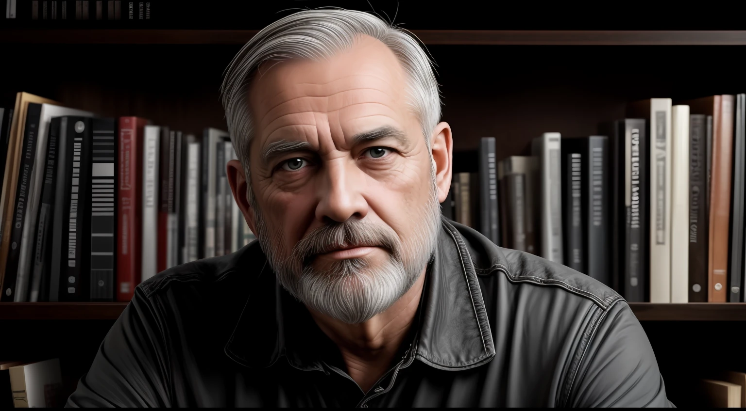 masterpiece, high detail, trend in the art station, realistic, detailed face, in general, a photo of a middle-aged man, gray hair, gray beard to do, in a library, neo lights, CRU, canon r6, general plan, sharp, blurred background, rule of thirds, dramatic lights, dark shadows