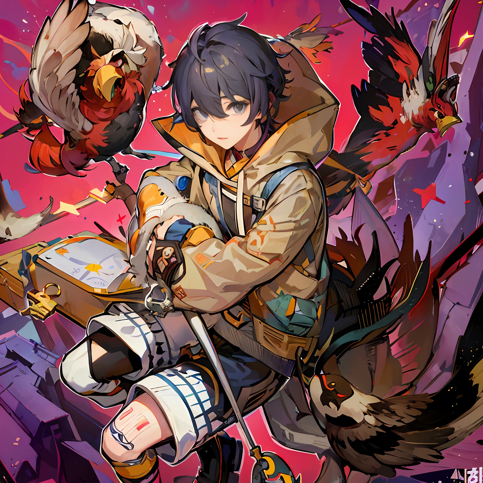 anime character with a bird on his shoulder and a bird on his shoulder, shigenori soejima illustration, keqing from genshin impact, genshin, zhongli from genshin impact, detailed key anime art, key anime art, genshin impact character, high detailed official artwork, anime cover, isekai, official anime artwork, popular isekai anime