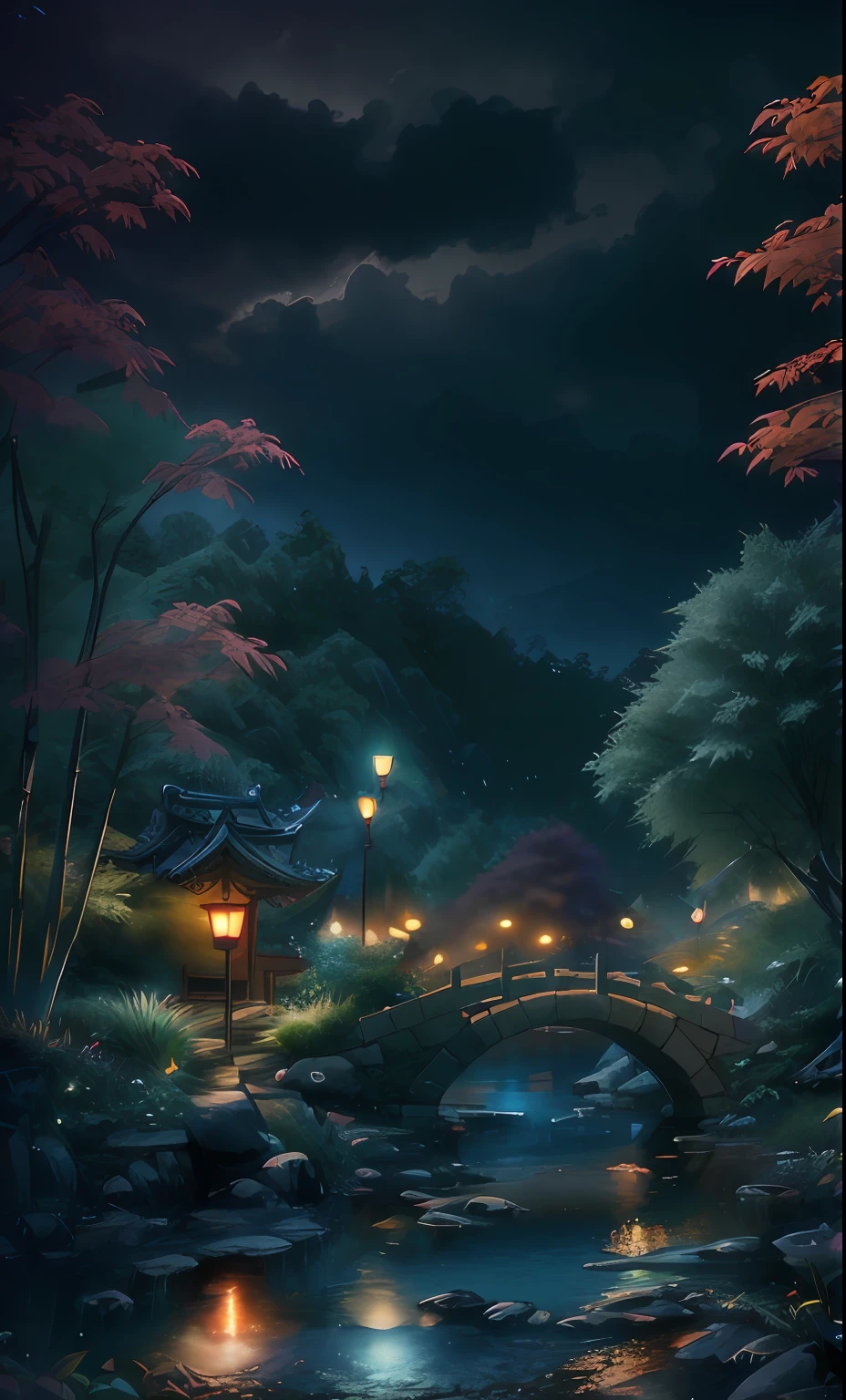 ((diffuse colors)) Ancient Chinese architecture, cool colors, dark night, moon, garden, bamboo, lake, stone bridge, rockery, arch, corner, tree, running water, landscape, outdoor, waterfall, grass, rock, intense rainfall, thunderstorm, vines all around, giant and wet trees, with glowing leaves in the trees, glowing fireflies and glowing particle effects, masterpiece, best quality, high quality, extremely detailed CG unity 8k wallpaper, oil paiting, award winning photography, Bokeh, Depth of Field, HDR, bloom, ,Photorealistic,extremely detailed, trending on artstation, trending on CGsociety, Intricate, High Detail, dramatic, art by midjourney, volumetric lighting