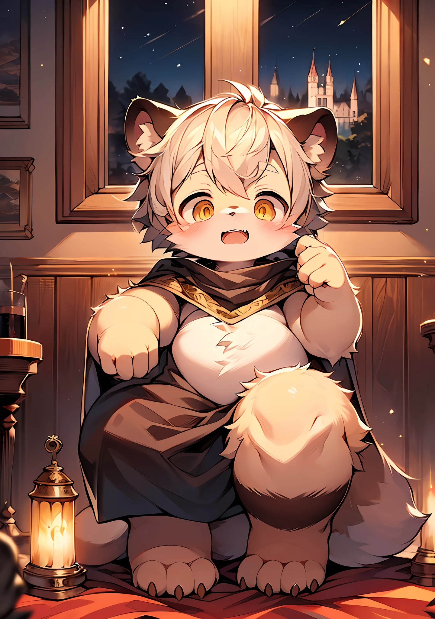 (Dark Environment: 0.8), Masterpiece, High Quality, Abstract Res, Digital Painting\(artwork\), by Dagasi, Yupa, Kiyosan, (Anthro, Fluffy Fur, Character Focus: 1.1), Anthro Male Cat, Short Hair, Portrait , bright eyes, panorama, character focus. (Background: 0.7), Solo, Furry, Furry Male, Panda, Obese, Male Focus, Anthr, (Full Body Fur, Fluffy Tail, White Fur, Blonde Eyes, Gray Hair: 1.2), (Panda, Vampire, Cape: 1.2), (Interior, Night, Castle)