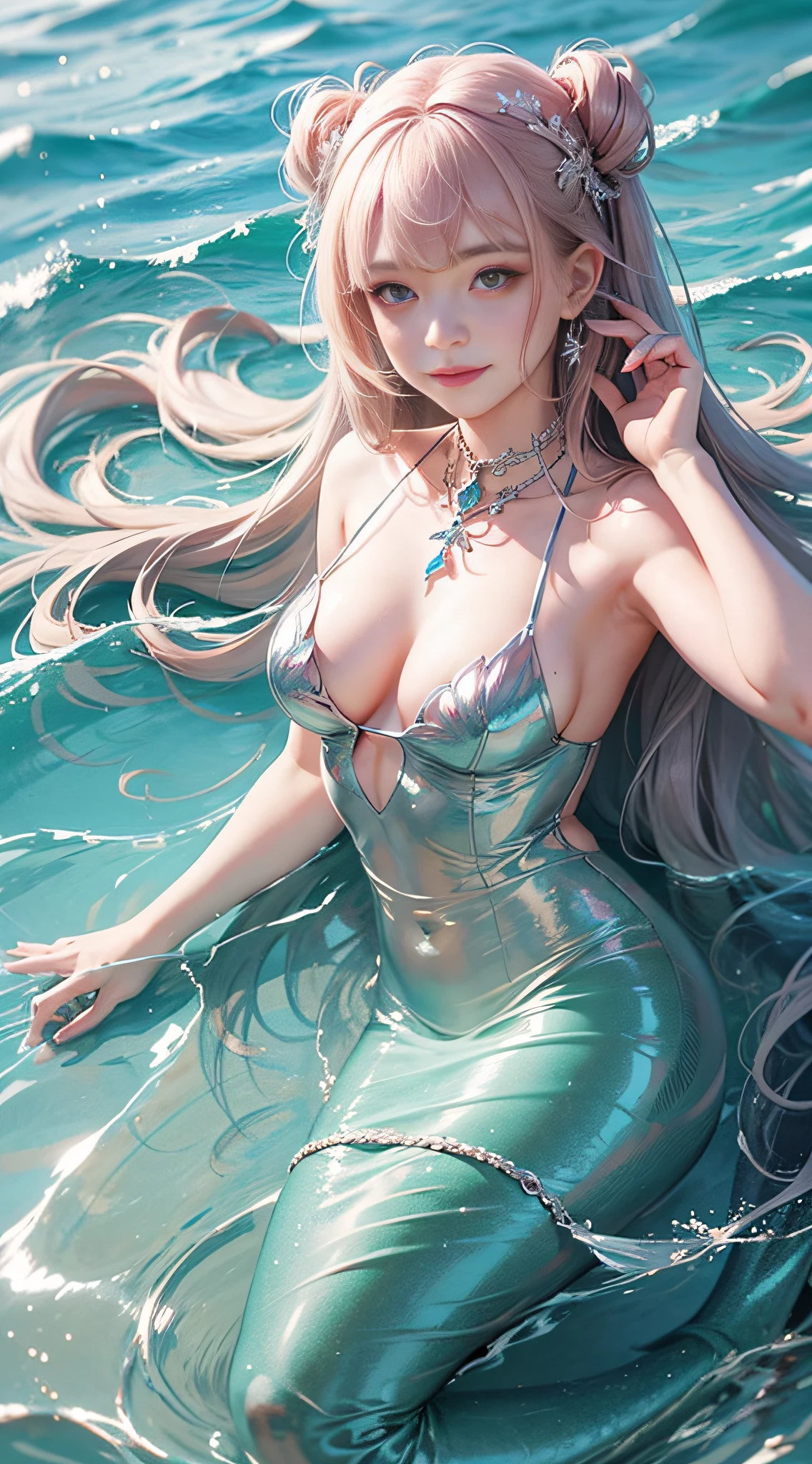 Best quality, 8K, upper body, don't miss fingers, fingers into the sea, 1 girl, mermaid, smile, solo, seaside, pink-purple tones, sparkling, white skin,