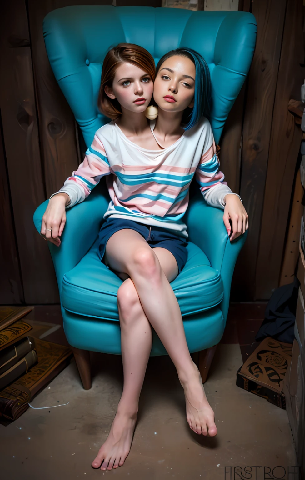 2heads, two headed girl, (one torso:1.5), pale skin, Scottish redhead, teenager, white girls, different ages, (two heads on one body:1.4), (first head uncomfortable:1.5), (second head unhappy:1.5) conjoined twins, heads side by side, one torso, young, uncomfortable, barefoot