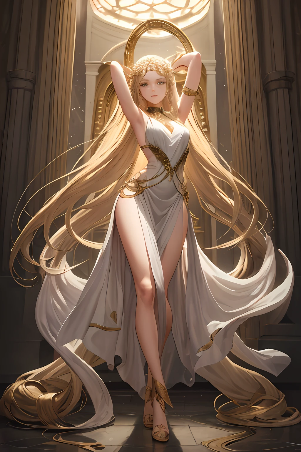 masterpiece, beat quality, a mature female, goddess, flirtatious, white greek peplos, golden hair, very long hair, shining green eyes, bare shoulder, flowing clothes, full body, thighs, arms up, lips, expressionless, light smile, 8k, high resolutions
