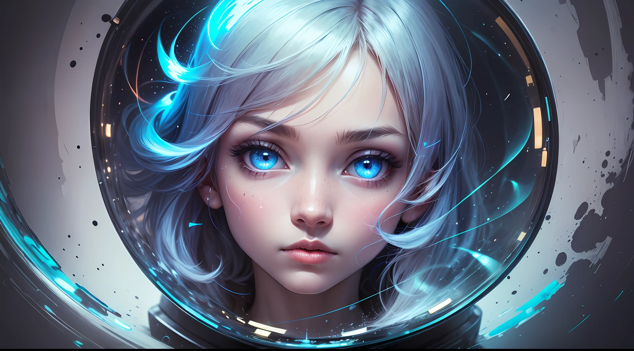 girl,radioactive glow,abstract art,focus on character,eyes with reflection, lonely and cold world,background with stars