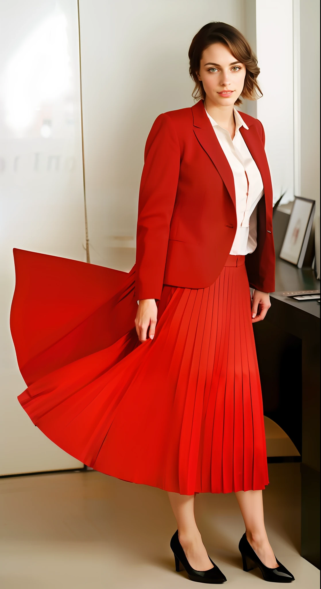 authentic (kind and tender) good woman wearing a short blazer with a very very detailed (long (fully pleated) full circle skirt) and (simple) low heeled office shoes, very very intricate hyper-detailed symmetric (attractive graceful young feminine face) with (sad, tired eyes and shy smile), full of empathy and compassion and love, (pronounced (feminine) features), (highly detailed ultra accurate realistic) hands and fingers, (windy conditions and wind blowing), epic composition, highly detailed attributes, highly detailed atmosphere, (35mm f1.4 Kodak portra 400 photograph), extremely high quality RAW photograph, intricate, Exquisite details and textures,
