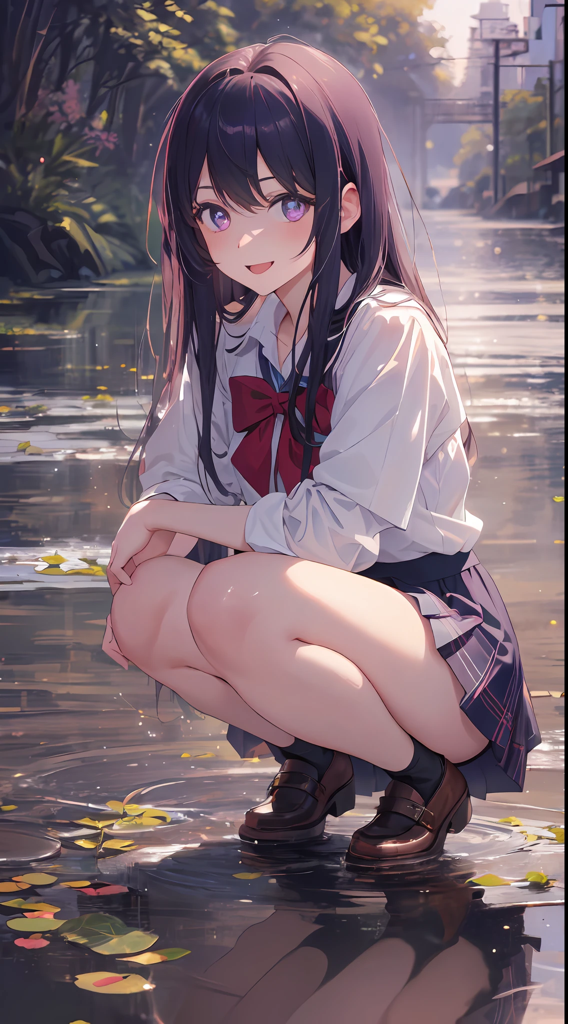 Focus on the person. We create and express the best shining composition of the person. ((((Reflection Panty Shot)))),((White panties and camel toe reflected in a puddle)),(((Wide shot))),Squatting by the water,1 woman,Schoolgirl uniform,Masterpiece,Top Quality,Beach,Soft Lighting,Teenager,One Girl,Solo,By Guido Daniele, Ai Hoshino, long hair, purple hair, streaked hair, purple eyes, star pupils exaggerate, pink bikini, smiling, open mouth, (((playing ))), ((hands splashing)), wet, (crowd), wide shot,(((masterpiece))((( Best quality))), ((super detailed)), (ultra-realistic), (highly detailed CG illustrations), (very delicate and beautiful), masterpieces of beautiful girls, highest quality, realistic skin feeling, realistic fabrics, realistic textures, Japan people, realist illustrations focusing on girls with realistic and ultra-detailed eyes in the center front. This is the absolute rule, and the following sentence expresses the image quality. It is the greatest masterpiece in the history of the class of Inuitsuki Ichigo, in which the owner of the greatest painting talent in human history met an unparalleled beauty and risked his life to depict the most beautiful figure. Create stunning anime artwork that is currently trending on seaStation, showcasing exquisite beauty and captivating aesthetics.
Set in Thailand's Khao Sok National Park, it features a Japan female student. She is a beautiful 16-year-old girl wearing a plaid school uniform. The material of the skirt is so realistic that it is indistinguishable from the real fabric, and its texture is ultra-fine and captured in 8K high resolution. Riding a small park boat, she is depicted in a wide shot squatting at the water's edge. A smile deeply engages the viewer. The point offers a glimpse of her own innocence and profound contemplation. Her feet are wet at the water's edge, and her white panties and camel tue are faintly reflected in the water at her feet. Symbolizes. Her legs are walking, and her knees are also