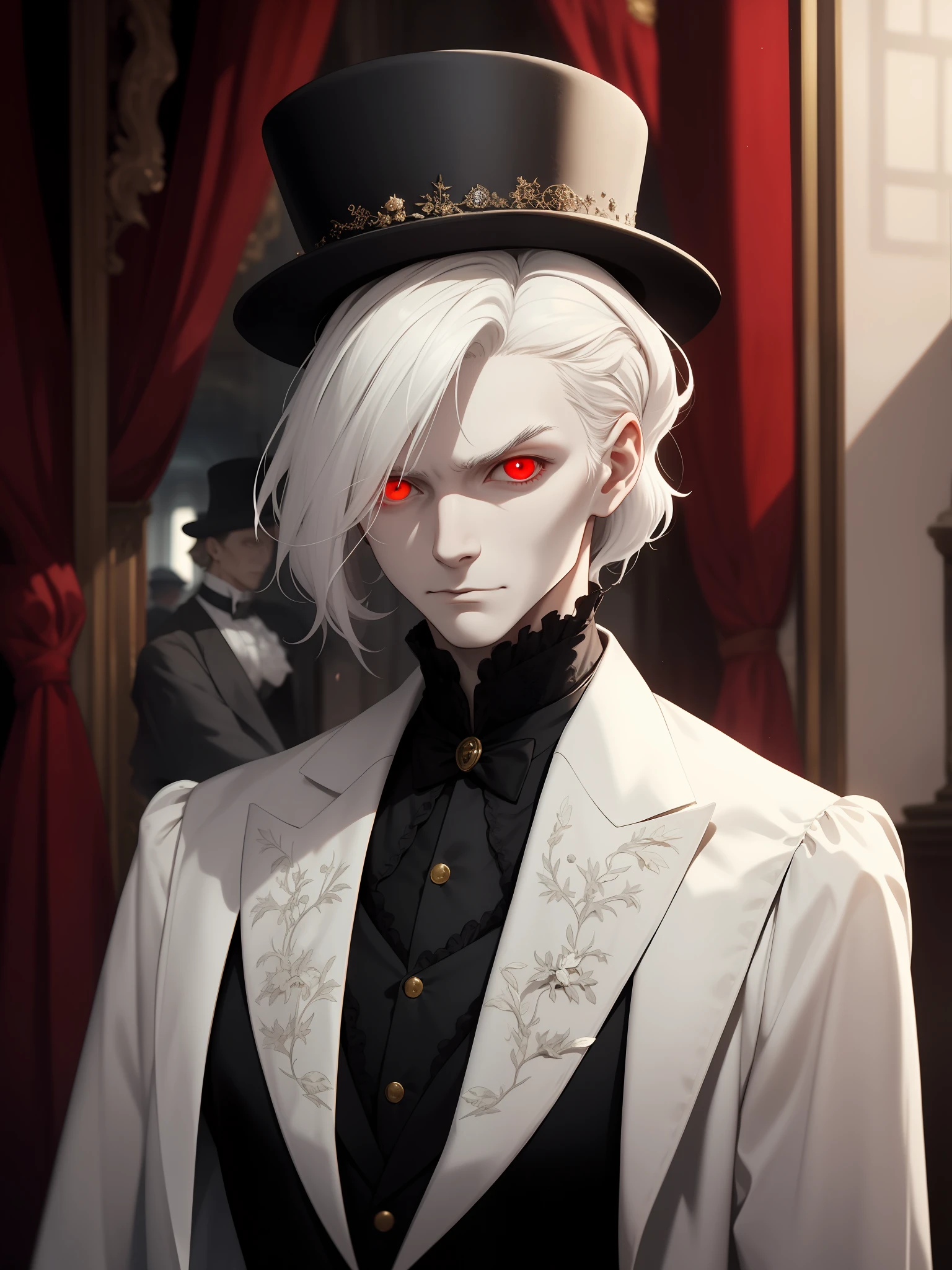 Albino man, wearing elegant Victorian-era clothes and hat, with red eyes and white hair, with evil look