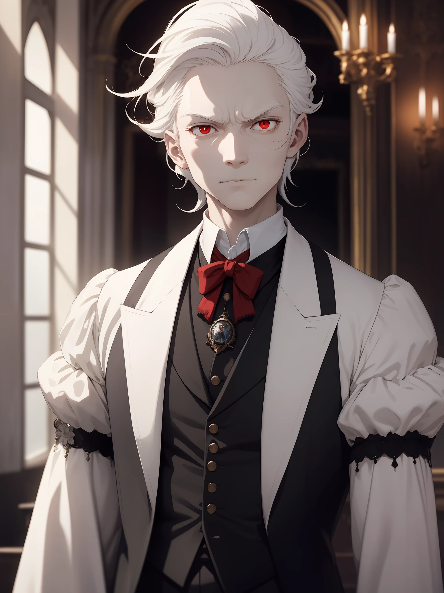 Albino man, wearing elegant Victorian-era clothes, with red eyes and white hair, with evil look