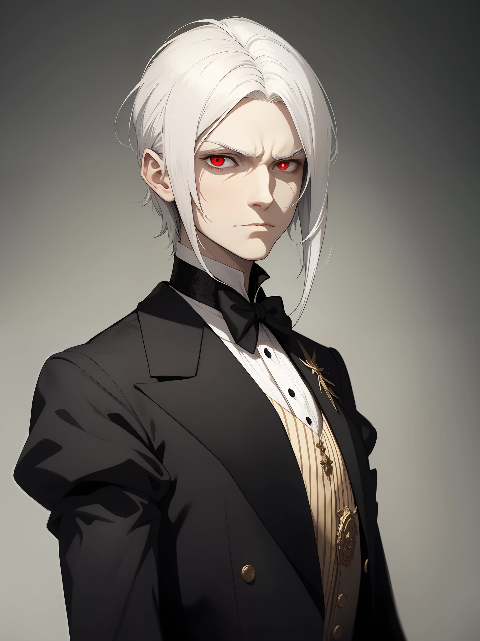 Albino man, wearing elegant Victorian-era clothes, with red eyes and white hair, with evil look