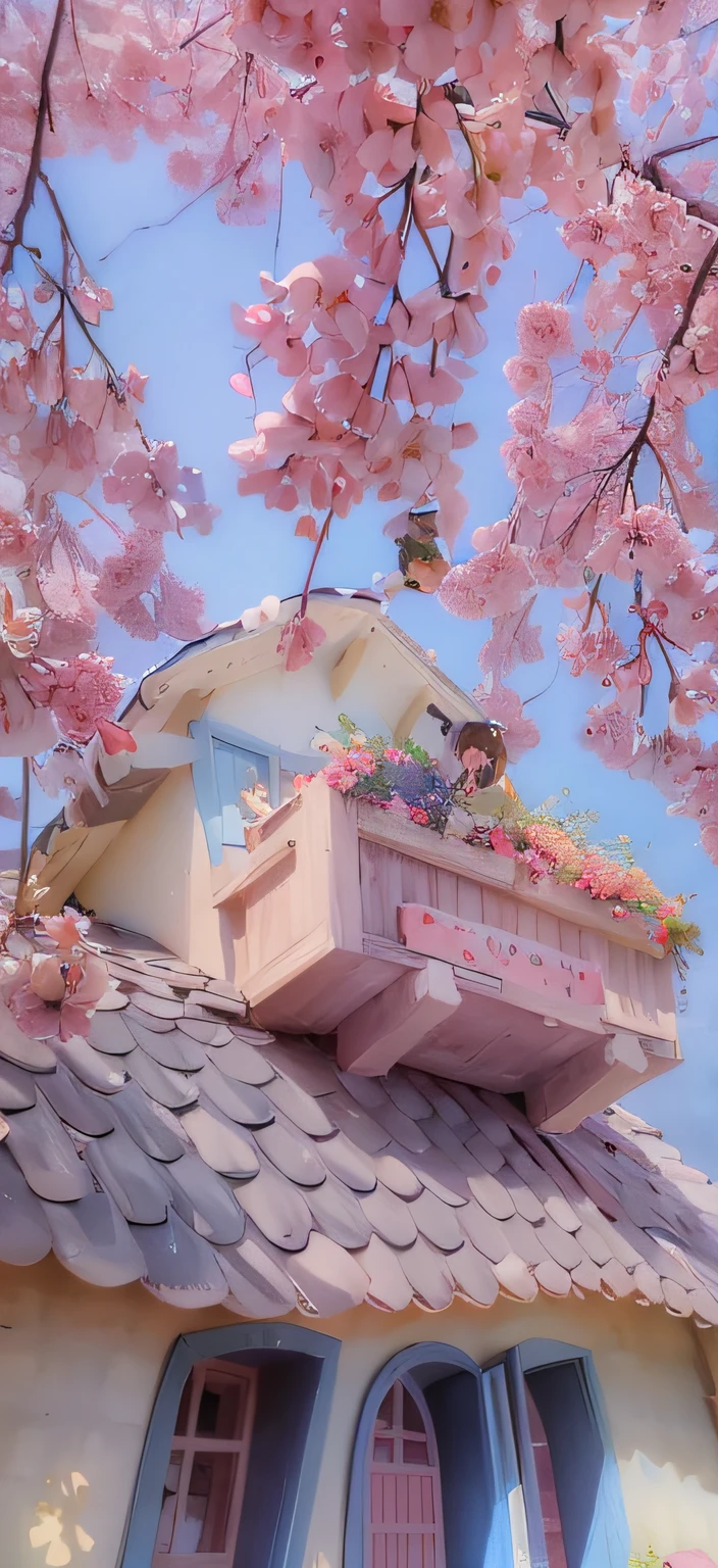 there is a pink flower box on the roof of a house, dreamy aesthetic, studio ghibli aesthetic, anime aesthetic, cottagecore!!, fantasy aesthetic!, in a candy land style house, kawaii aesthetic, beautiful and aesthetic, cottagecore, anime asthetic, very magical and dreamy, dreamy colors, sailor moon aesthetic, dreamy and detailed