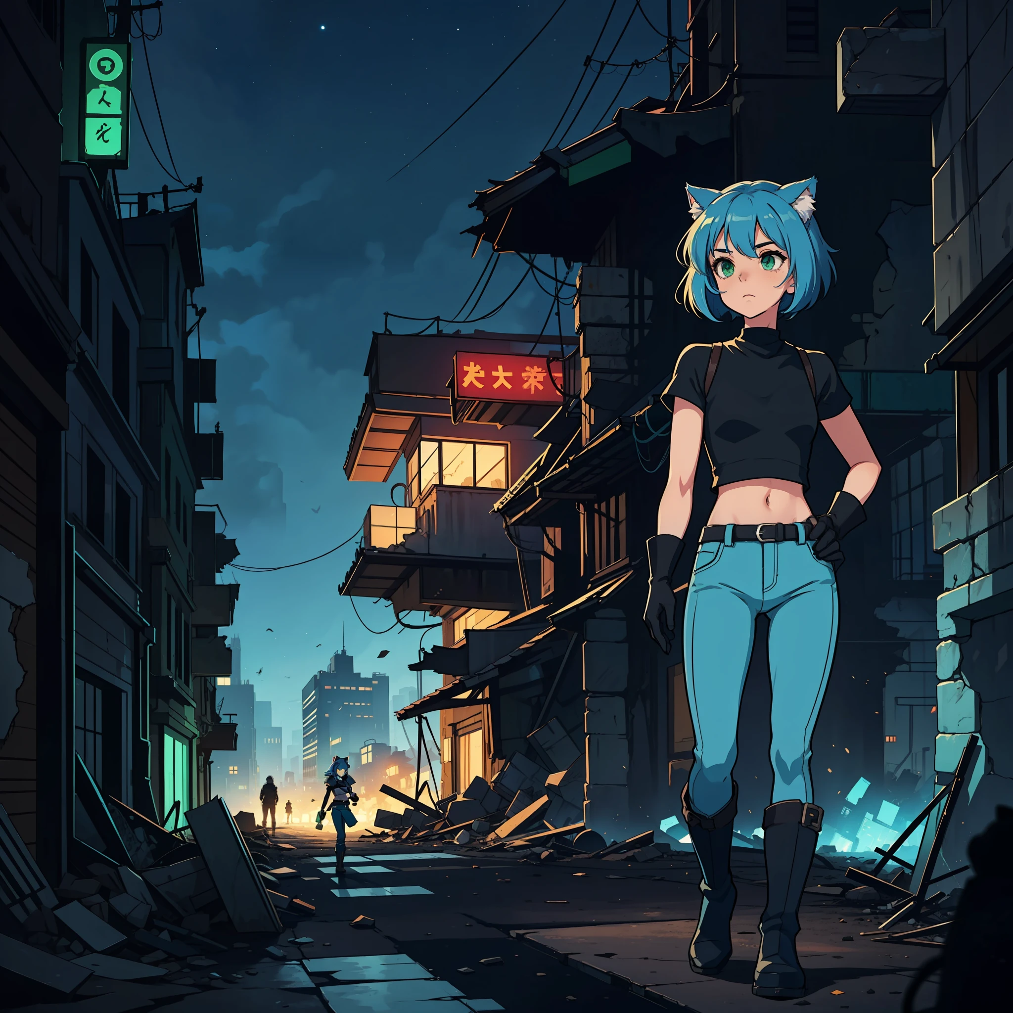 A girl, small chest, blue hair, abundant disheveled hair, straight hair, cat ears, brown skin, green eyes, blue pants, high black boots, black croptop, high black gloves, young, apocalyptic background, Ruins, destroyed city, night, anime, 2d, cartoon, comic