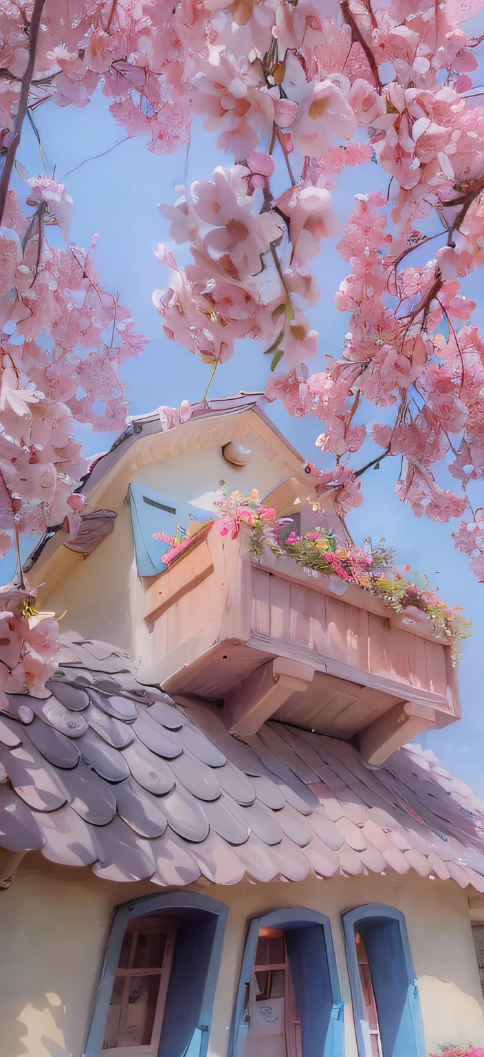 there is a pink flower box on the roof of a house, dreamy aesthetic, studio ghibli aesthetic, anime aesthetic, cottagecore!!, fantasy aesthetic!, in a candy land style house, kawaii aesthetic, beautiful and aesthetic, cottagecore, anime asthetic, very magical and dreamy, dreamy colors, sailor moon aesthetic, dreamy and detailed