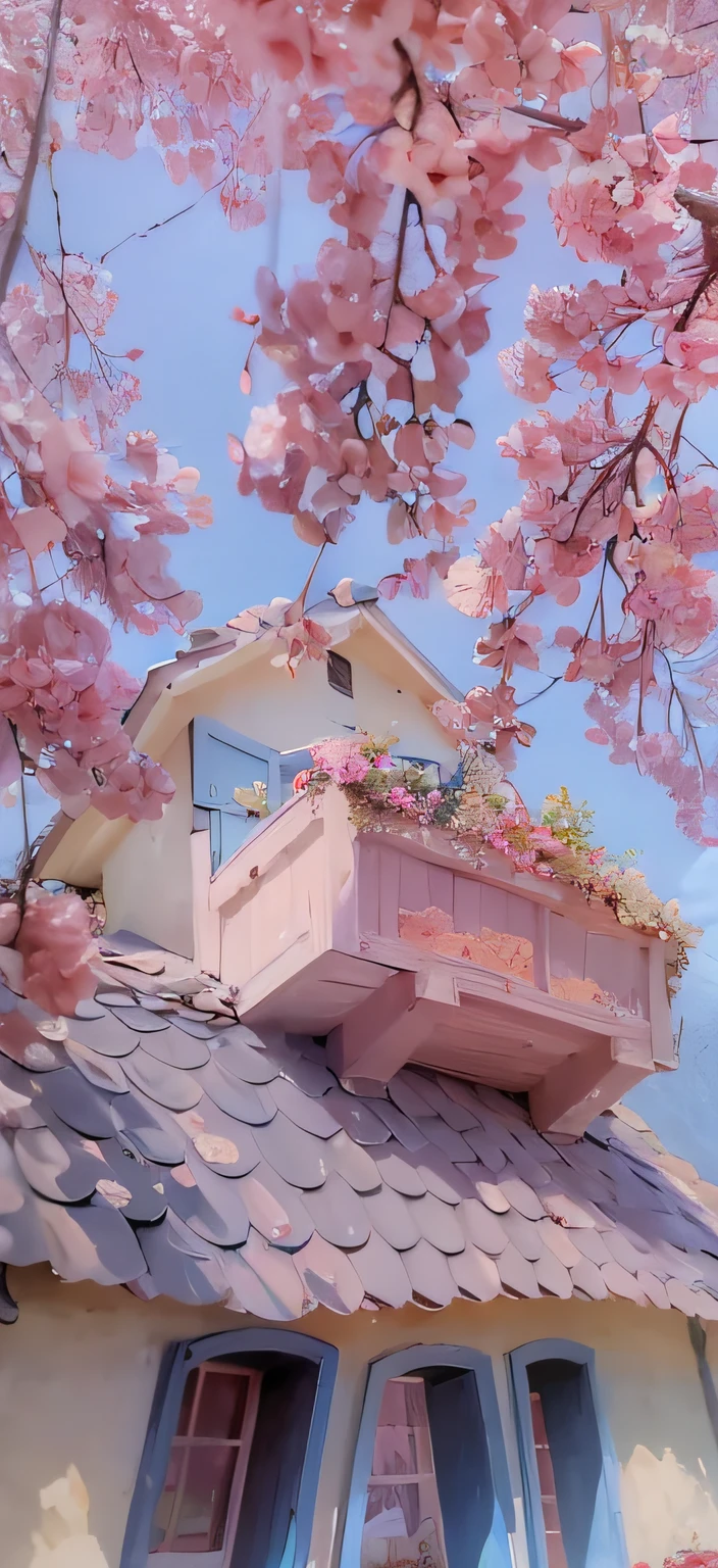 there is a pink flower box on the roof of a house, dreamy aesthetic, studio ghibli aesthetic, anime aesthetic, cottagecore!!, fantasy aesthetic!, in a candy land style house, kawaii aesthetic, beautiful and aesthetic, cottagecore, anime asthetic, very magical and dreamy, dreamy colors, sailor moon aesthetic, dreamy and detailed