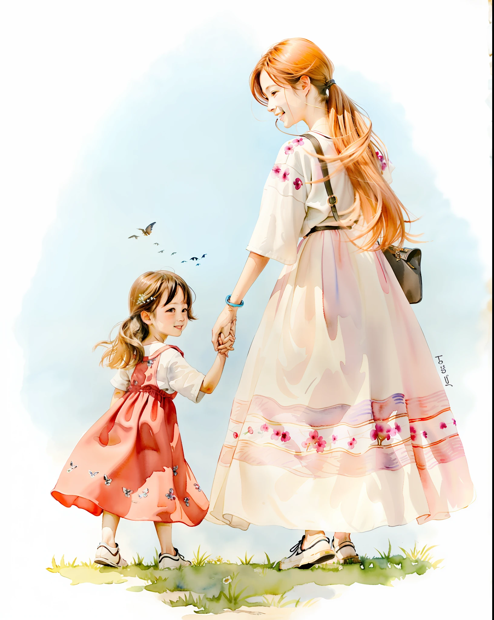 Mother and son, back view walking hand in hand, black hair, watercolor, sunny sky, summer, overflowing light, gentle expression, happiness