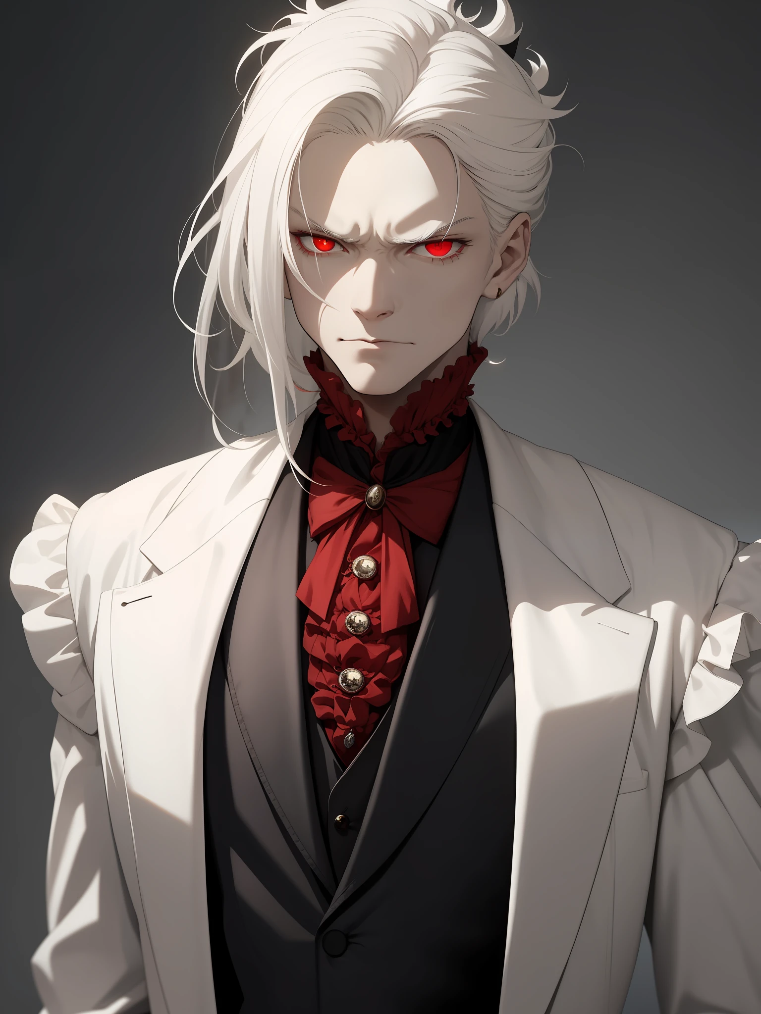 Albino man, wearing elegant Victorian-era clothes, with red eyes and white hair, with evil look
